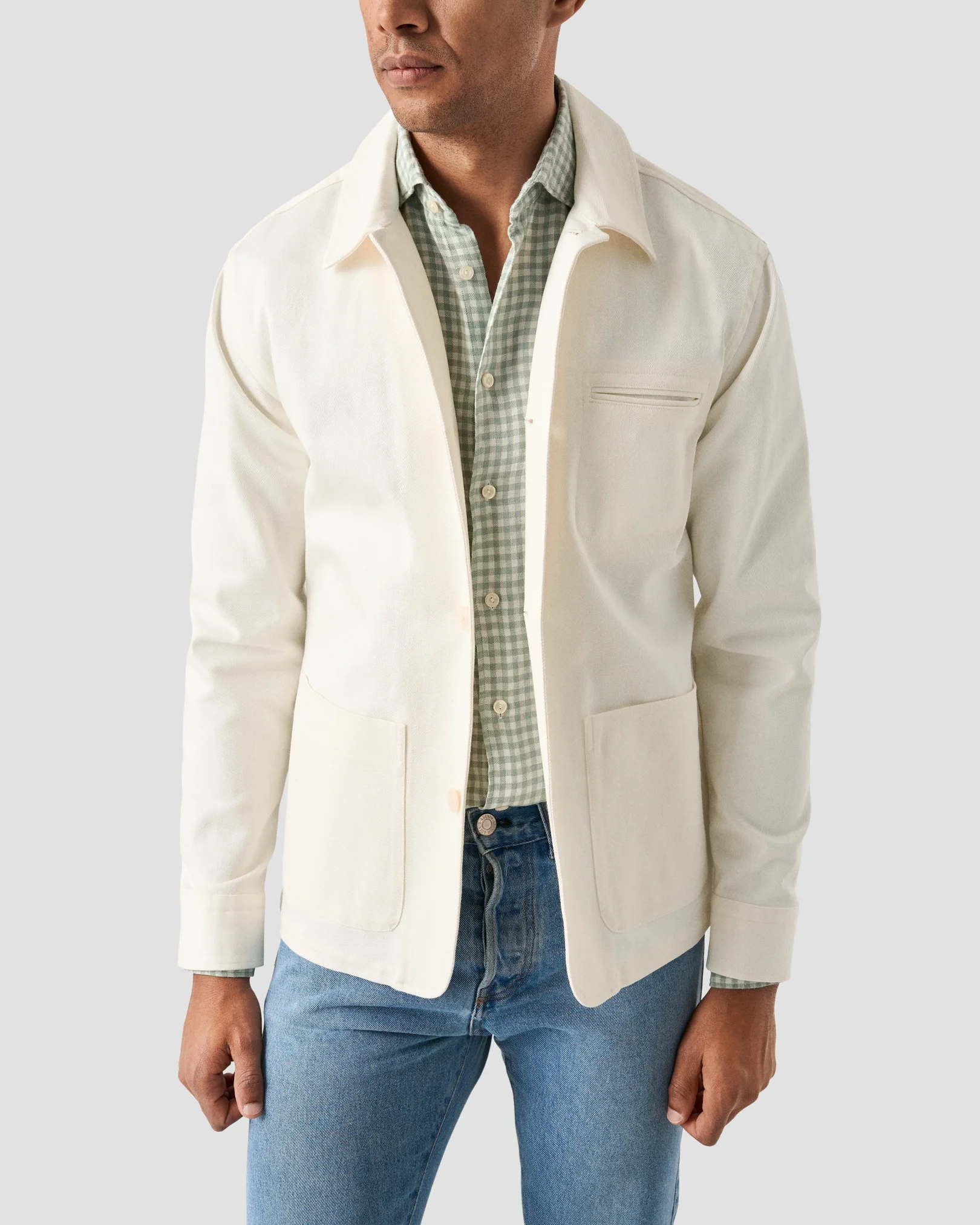 Eton - mid green checked linen twill shirt