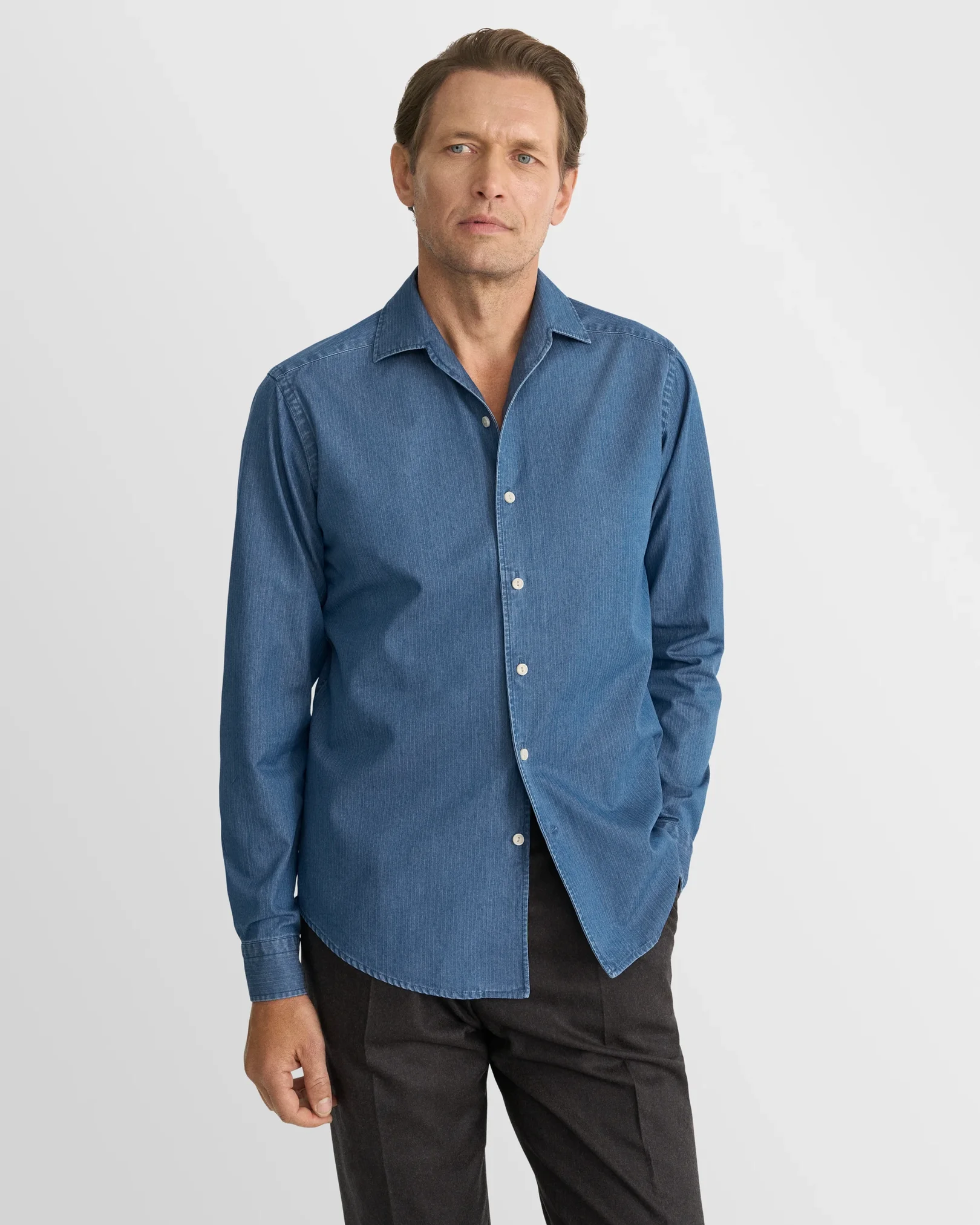 Eton - mid blue pin striped denim shirt