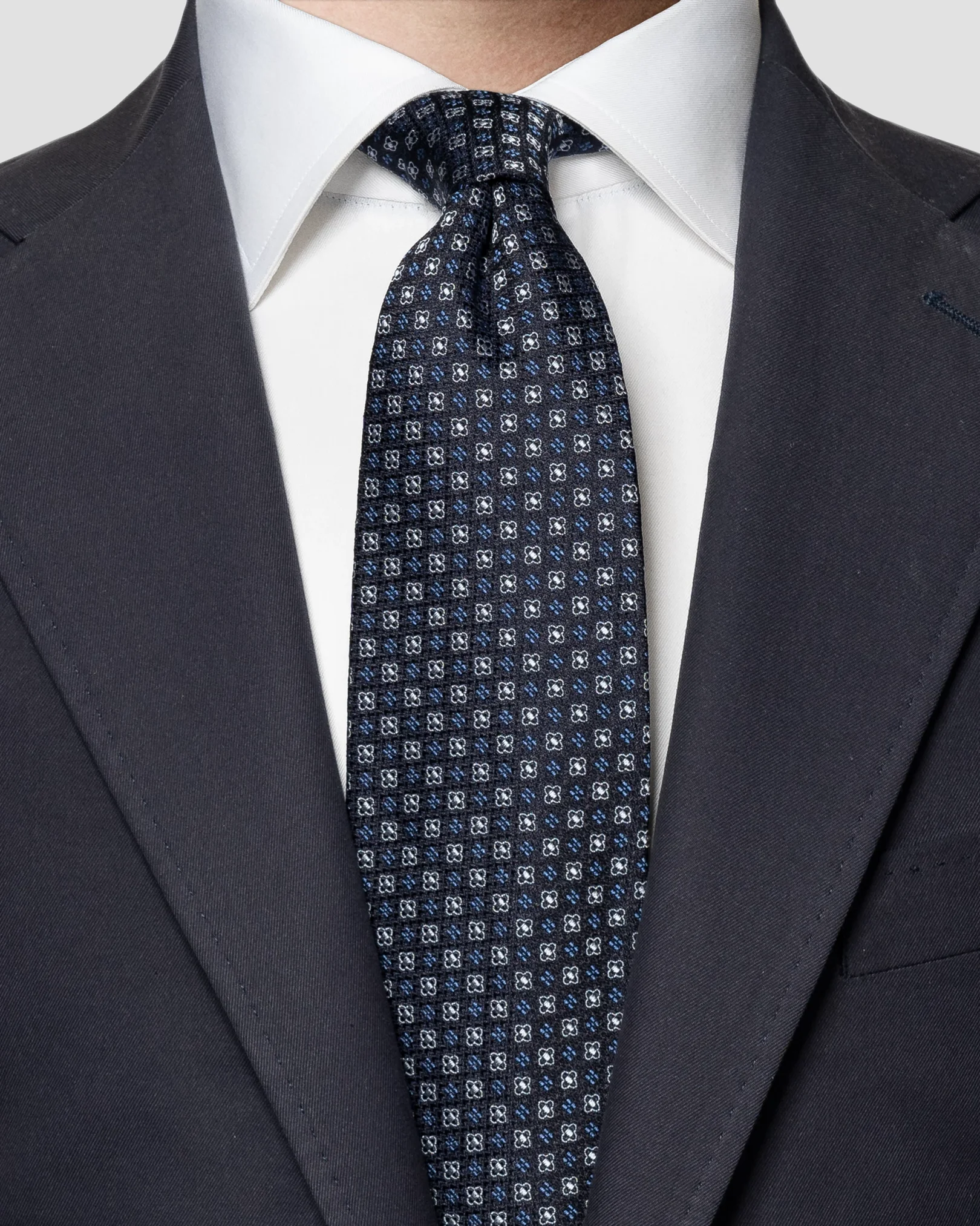 Navy Blue Silk Tie — Micro Floral Pattern - Eton