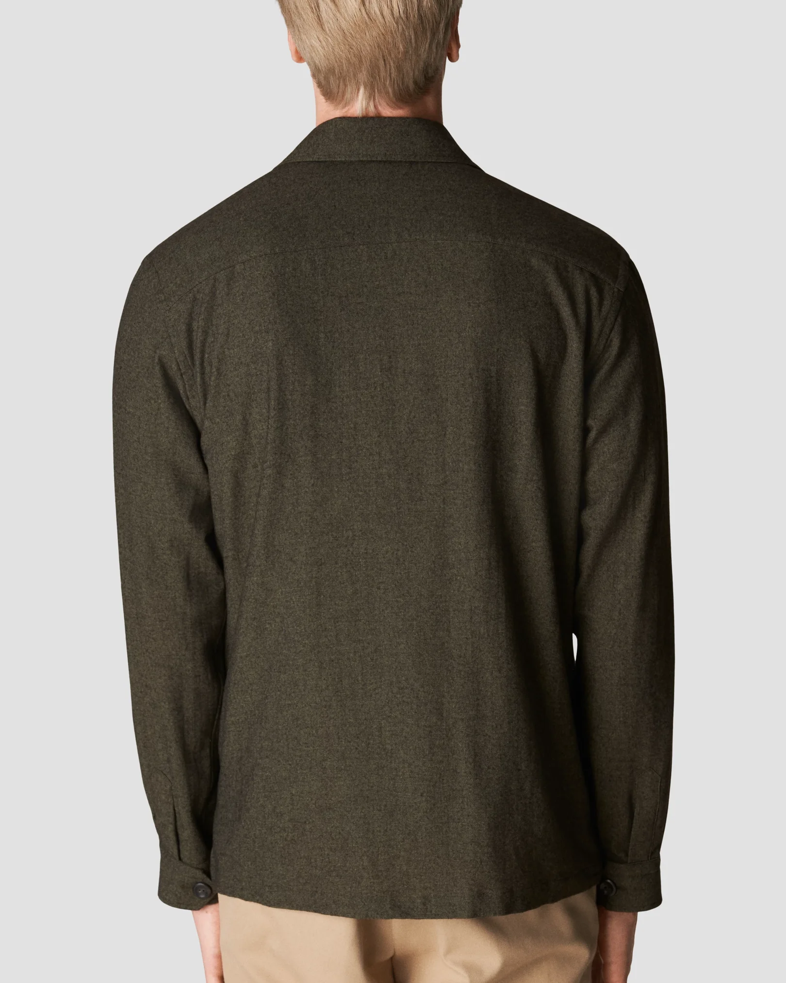 Eton - dark green flannel collar with no collarstand single cuff pointed strap regular