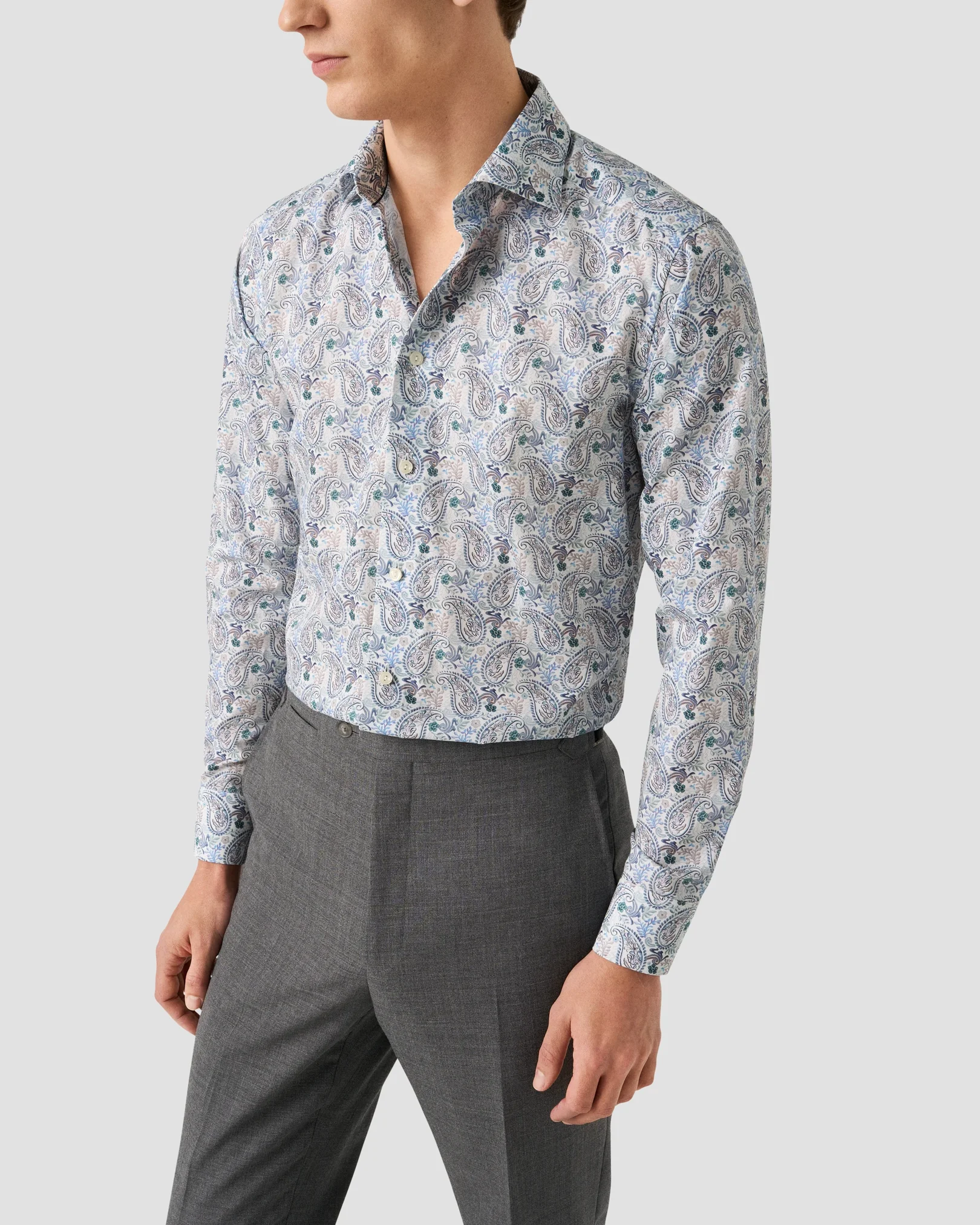 Eton - mid blue motif cotton and tencel tm lyocell shirt