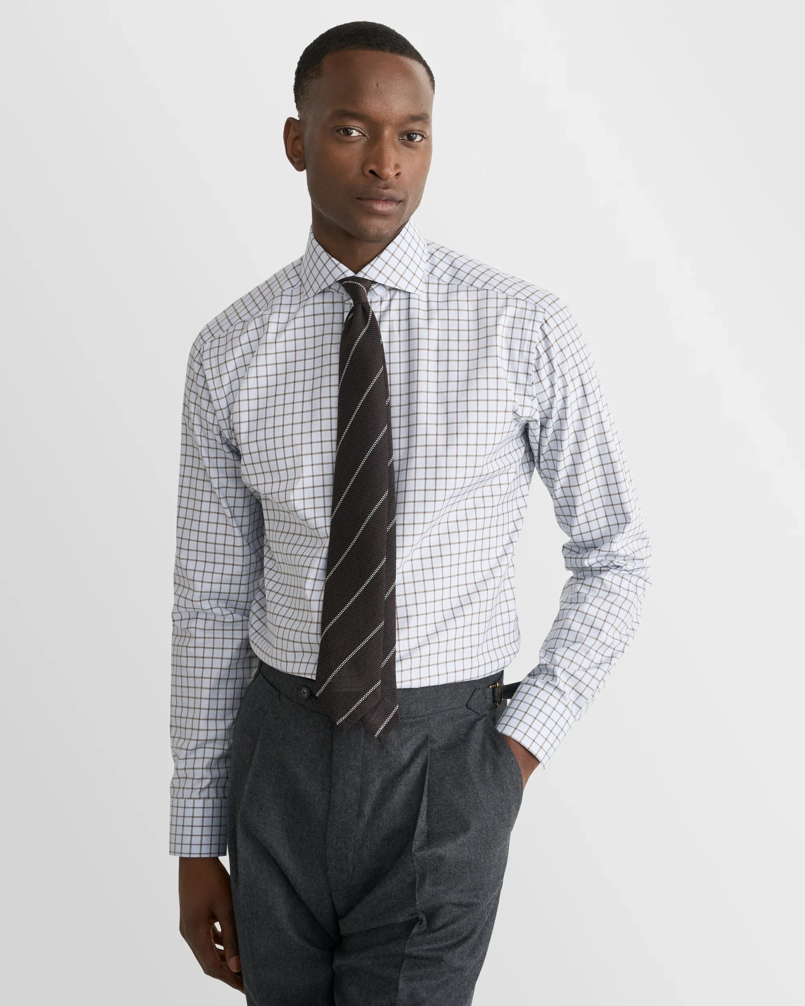 Eton - blue check twill shirt wide spread 266