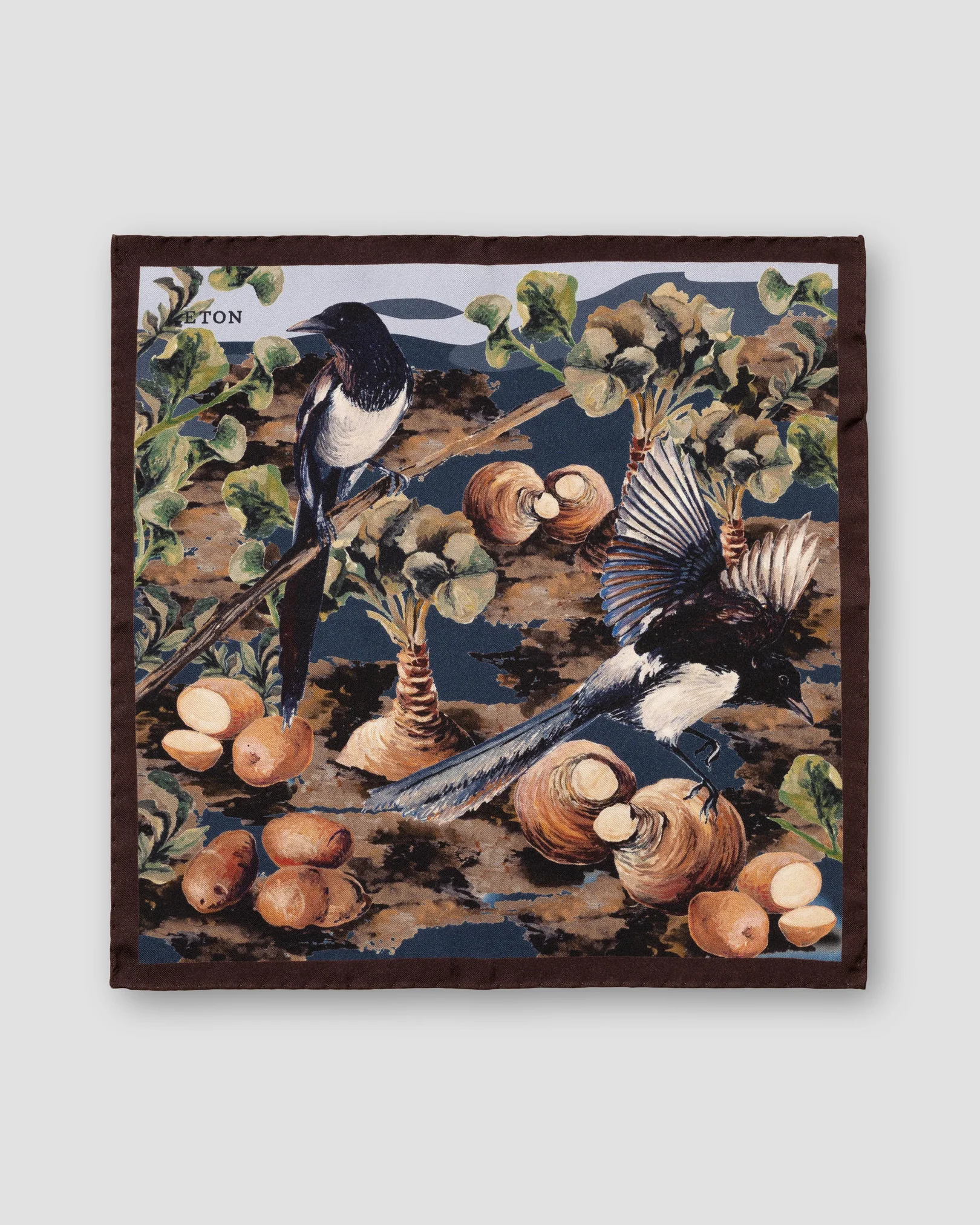 Eton - brown magpies print silk pocket square