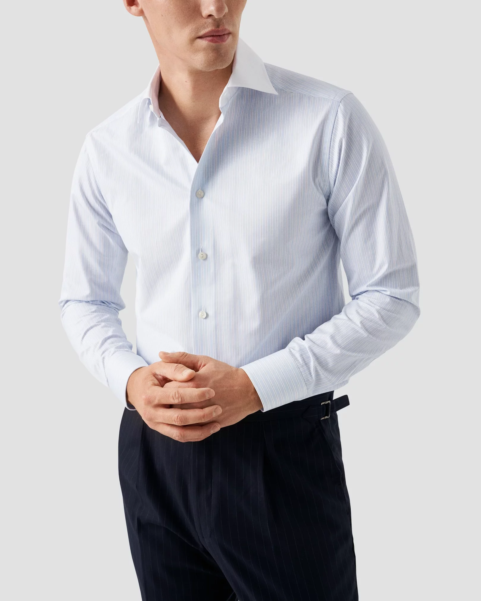 Eton - Light Blue Striped White Collar Signature Twill Shirt