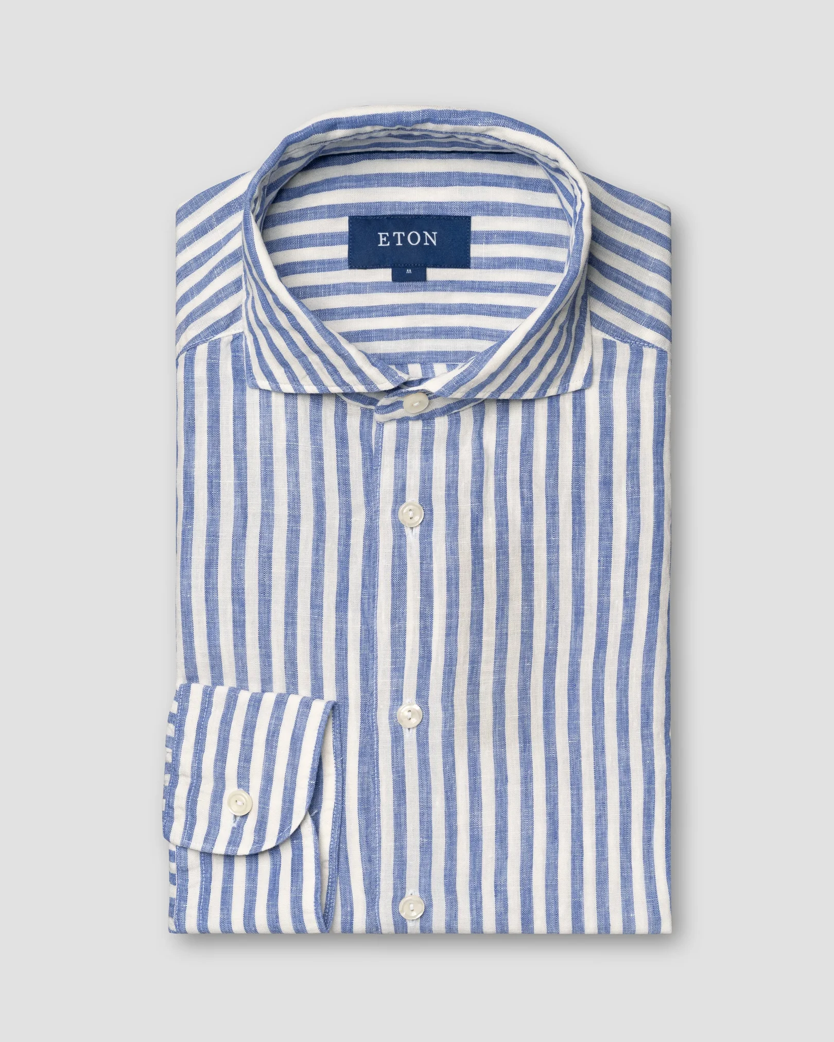 Eton - mid blue linen wide spread collar rounded single slim fit