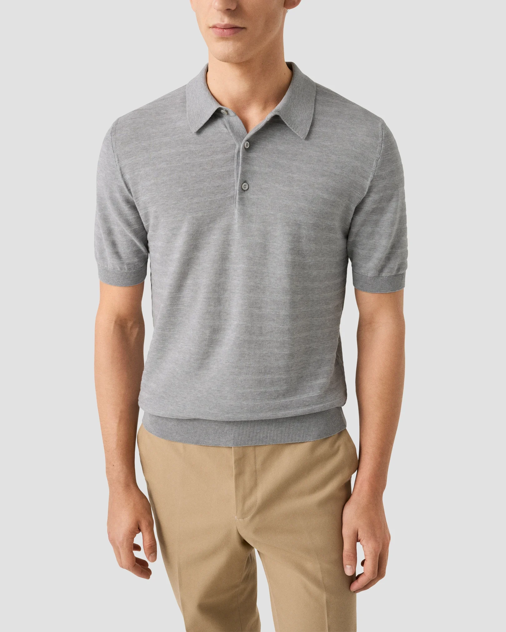 Eton - light grey horisontal striped fine knit polo shirt
