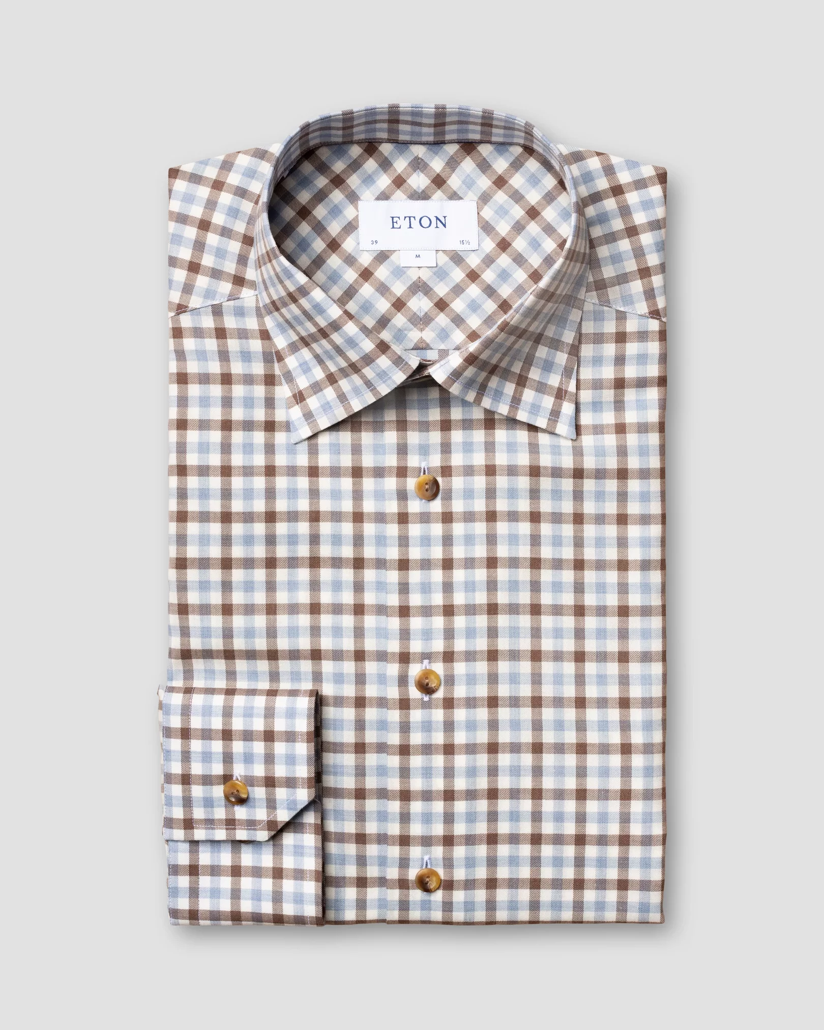 Eton - brown blue on white checks flanell shirt button under