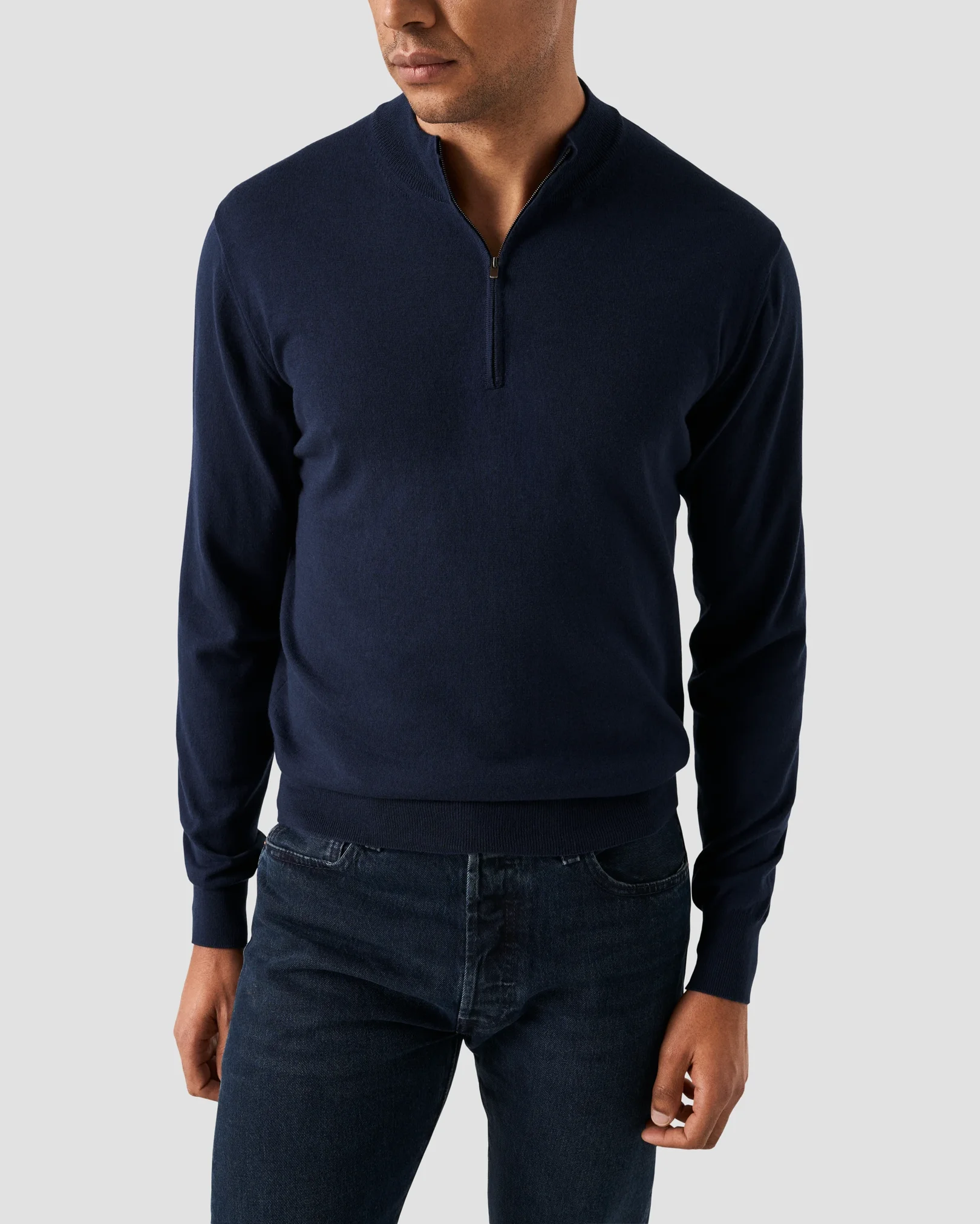 Eton - navy blue cotton and cashmere quarter zip fine knit