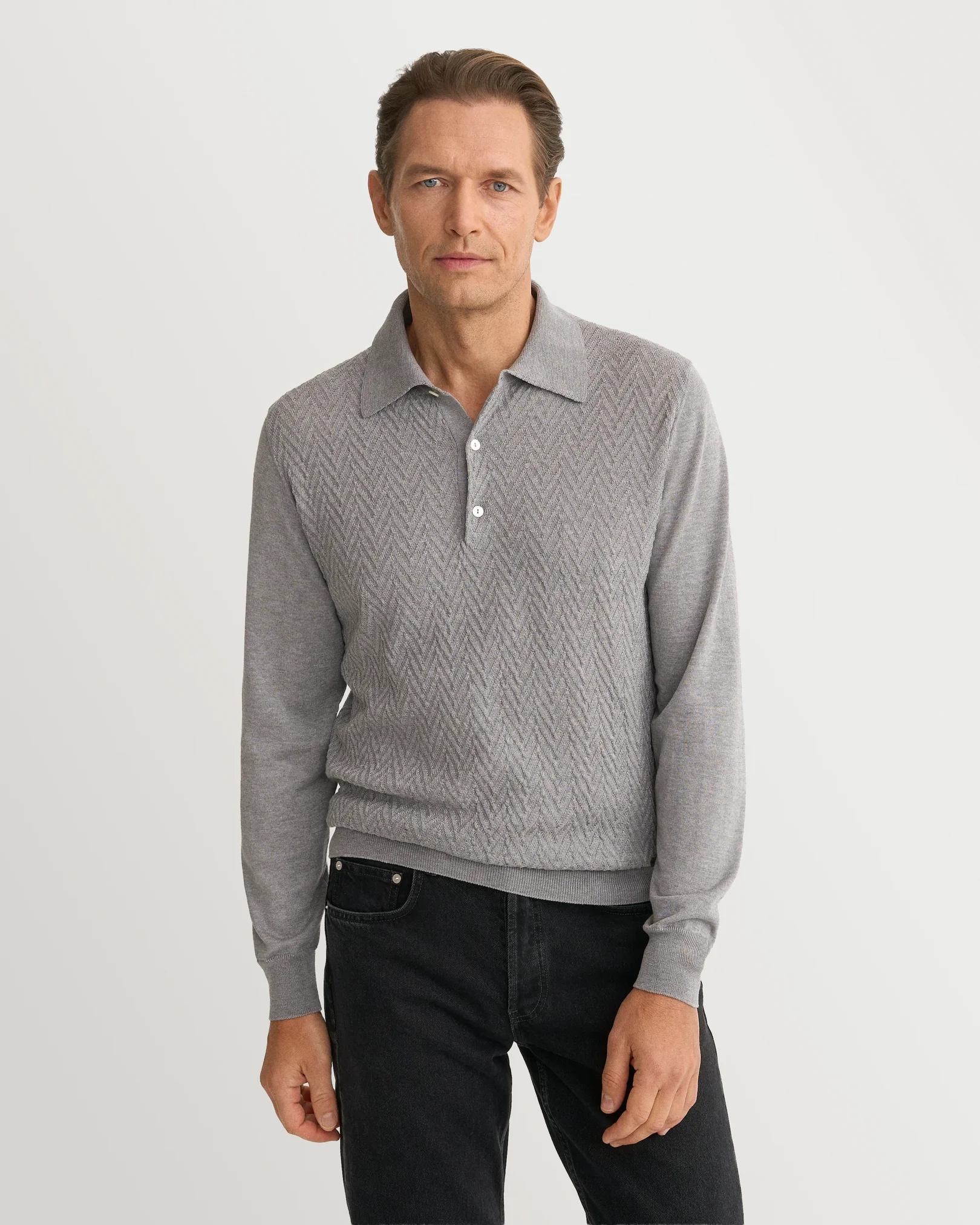 Eton - light grey chevron structure knit polo shirt