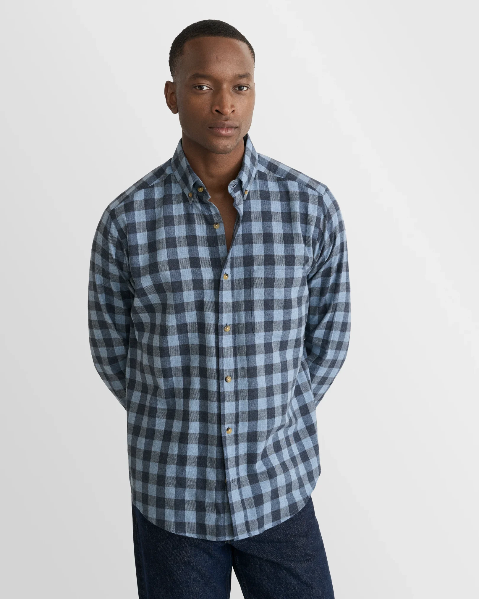 Eton - mid blue block check flannel shirt