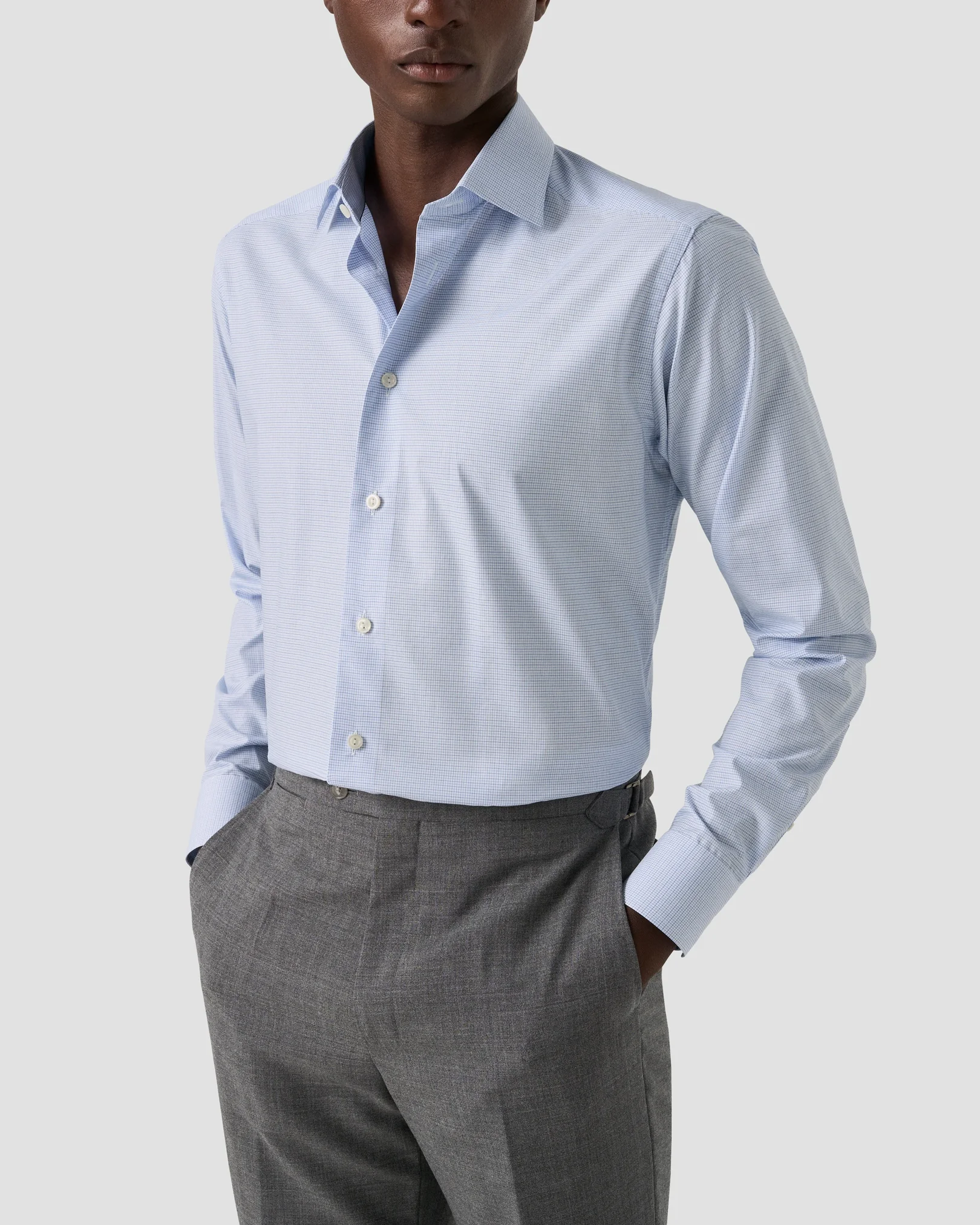 Eton - light blue check twill shirt cut away 258