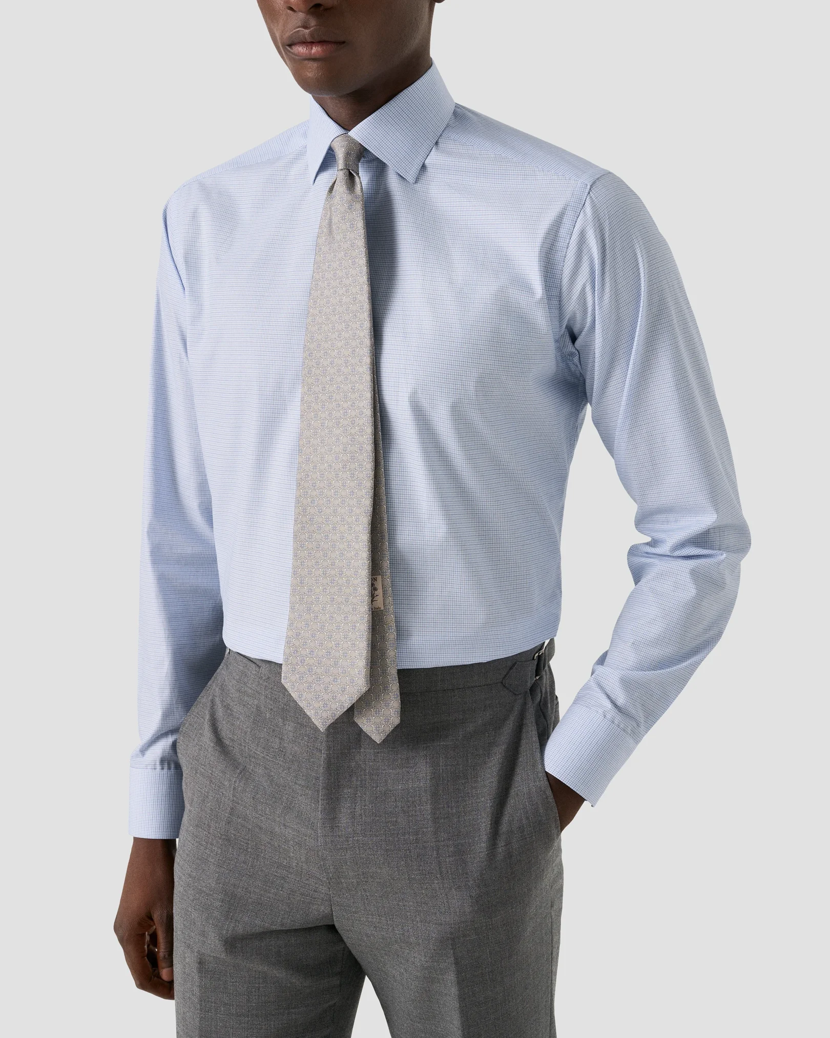 Eton - light blue check twill shirt cut away 258