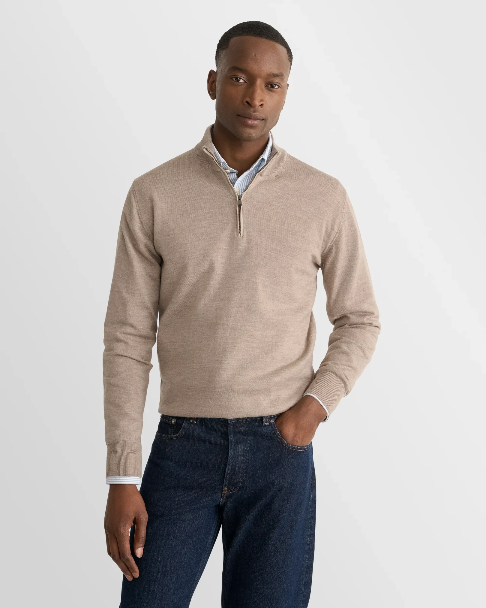 Eton - beige merino quarter zip knit sweater