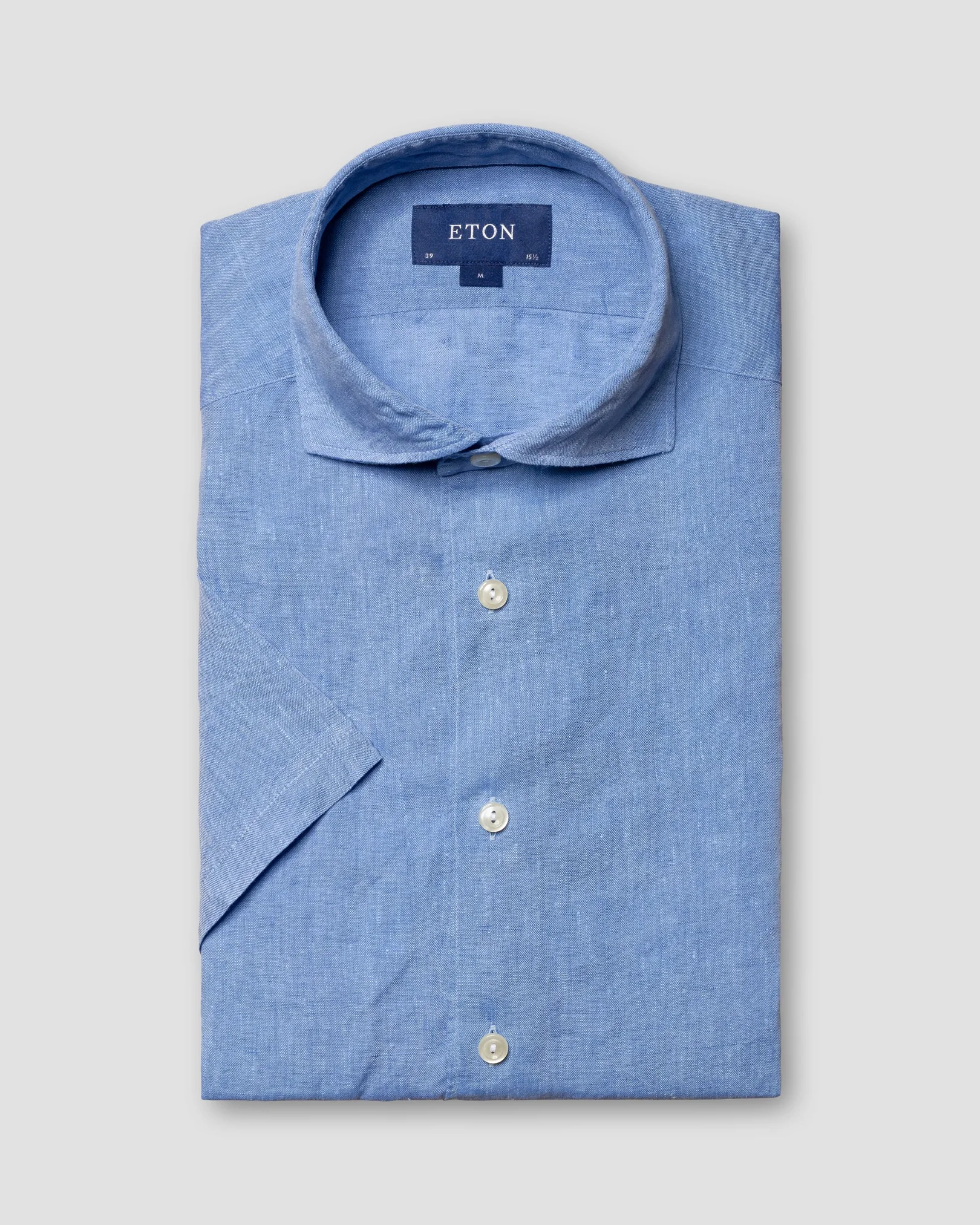 Eton - mid blue linen wide spread turn up short sleeve slim soft