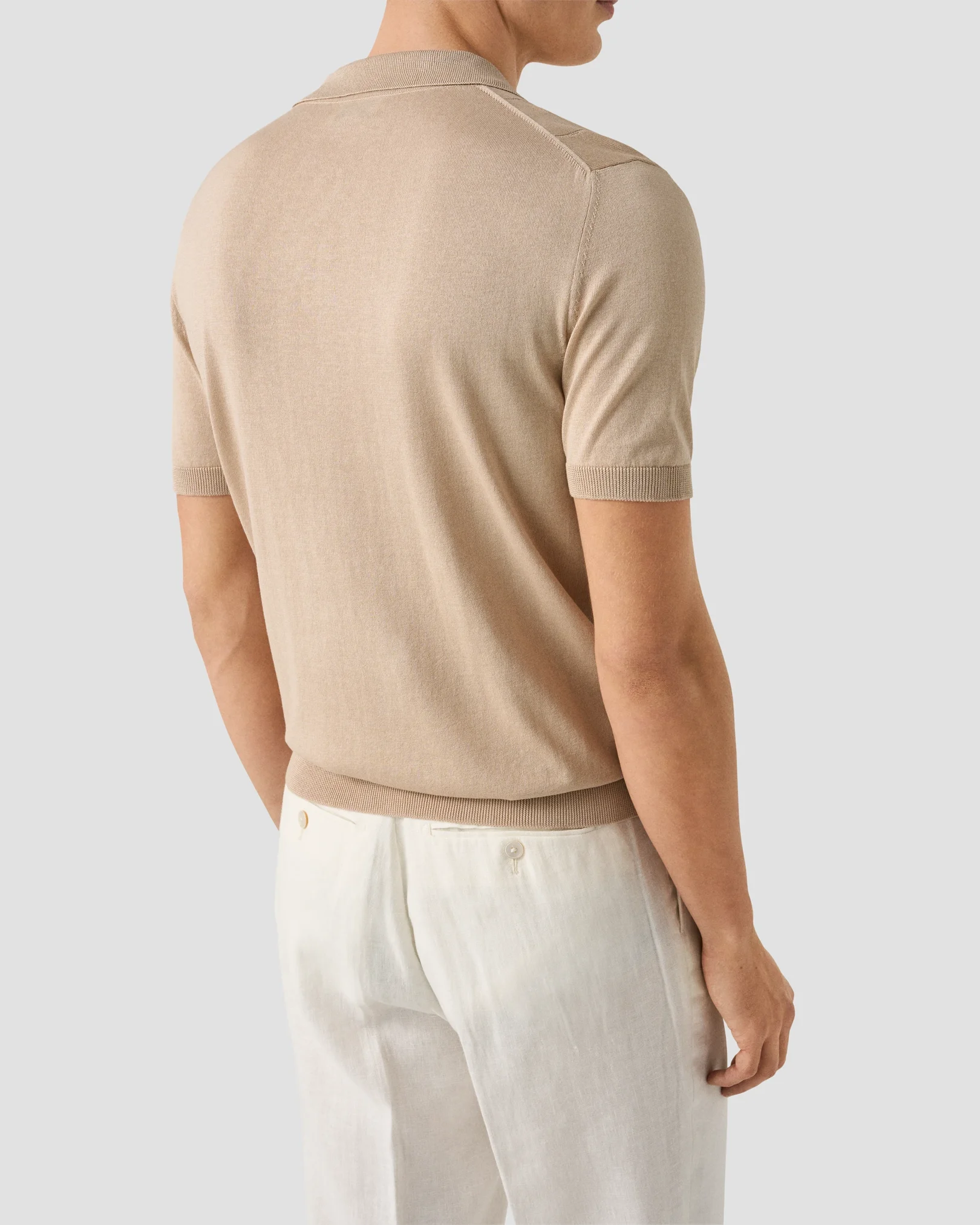 Eton - beige cotton and silk open collar fine knit polo shirt