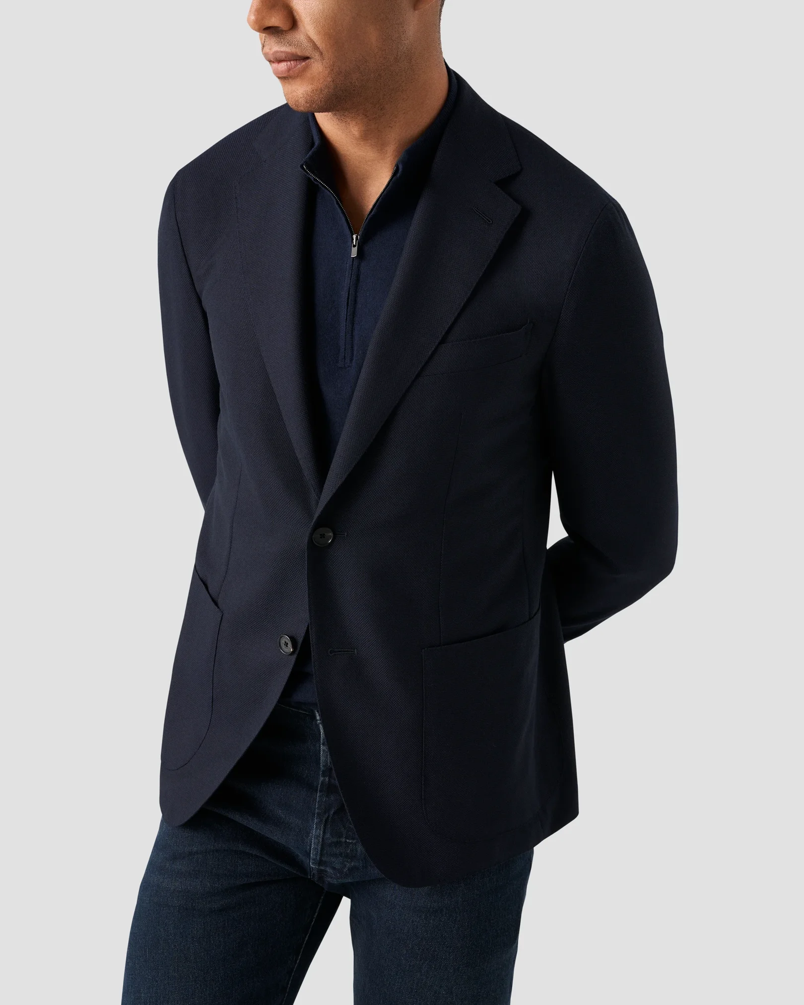 Eton - navy blue cotton and cashmere quarter zip fine knit