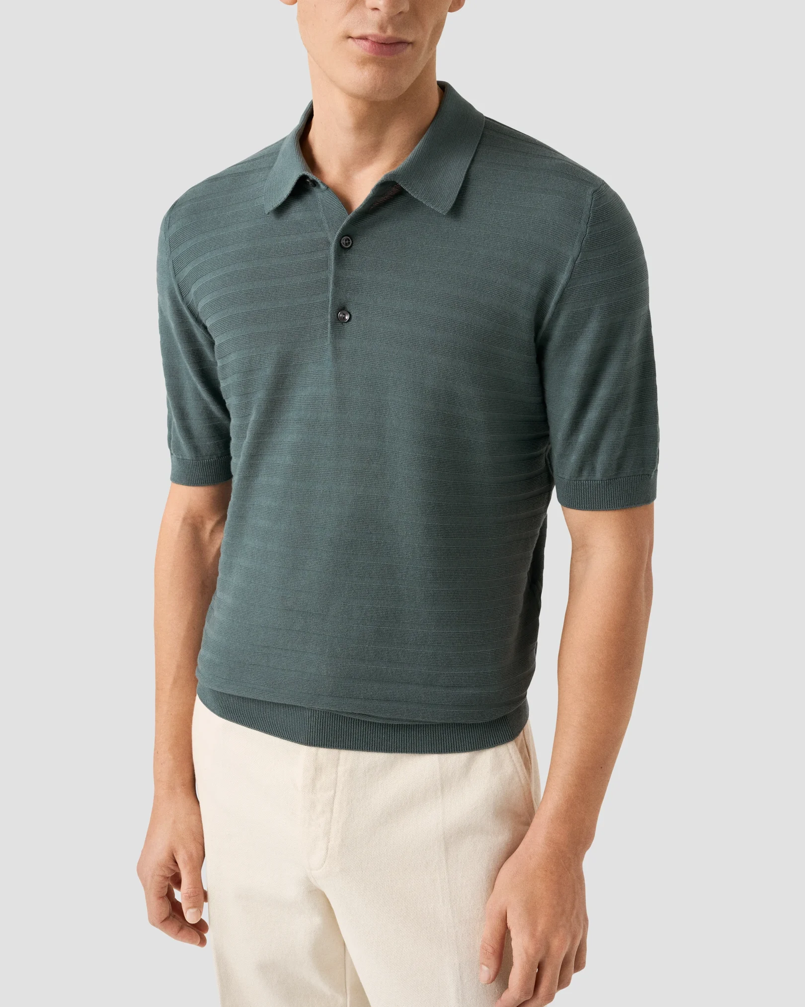 Eton - mid green horisontal striped fine knit polo shirt