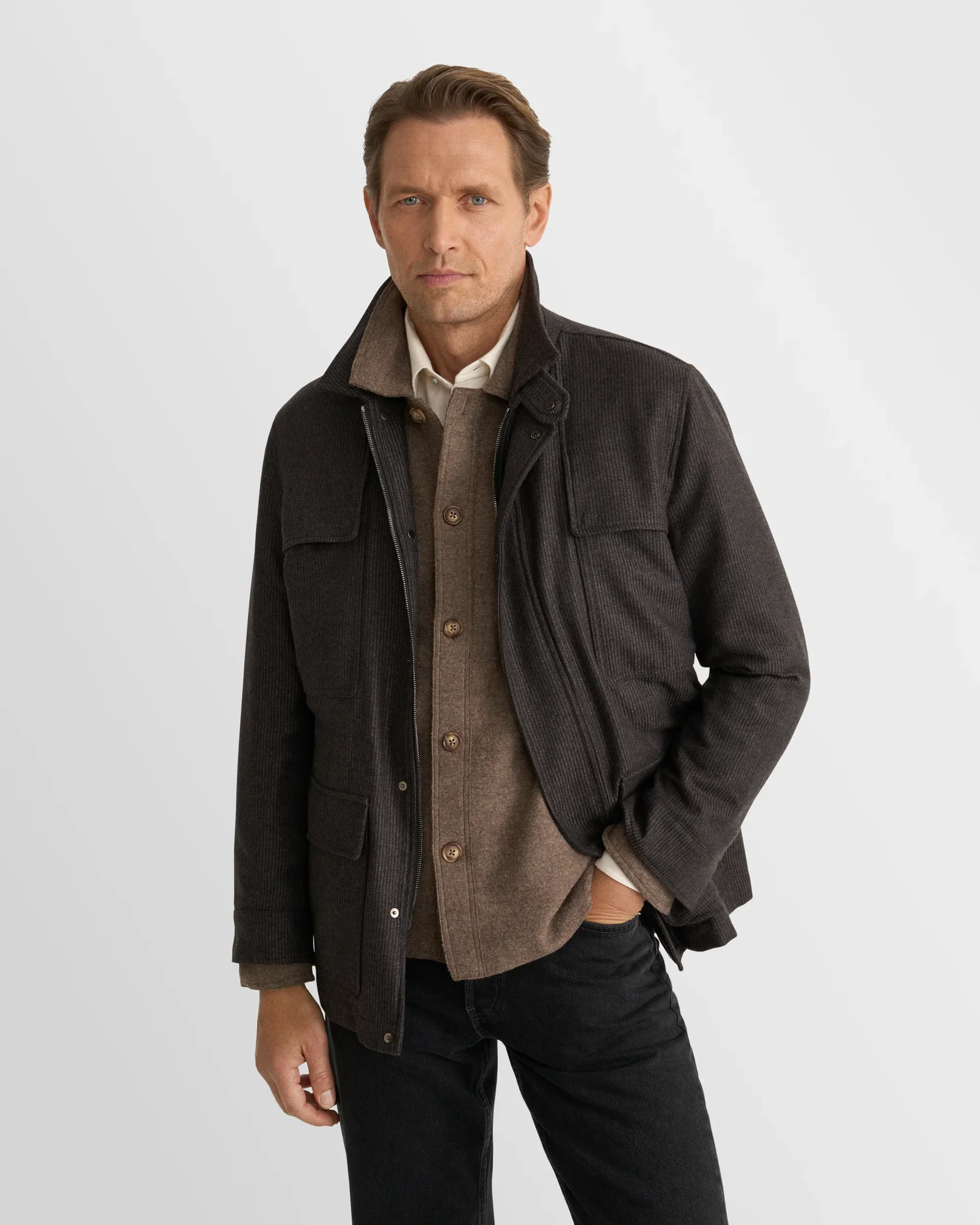 Eton - brown boiled wool cotton shirt jacket