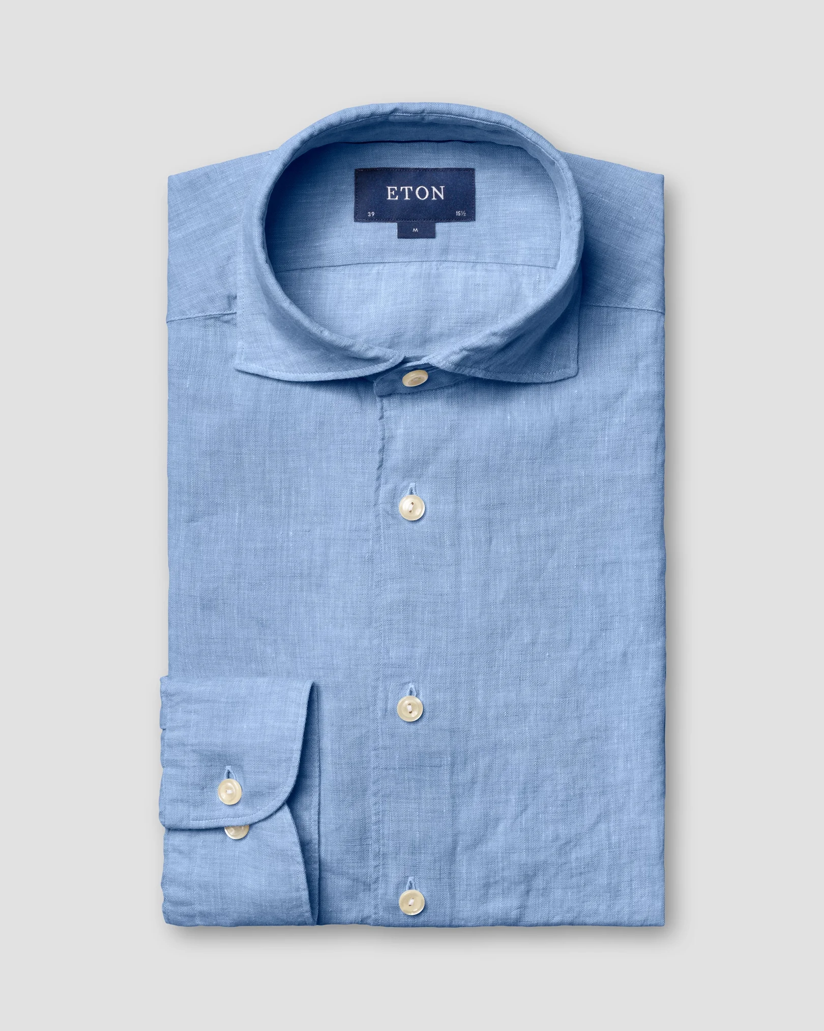 Eton - mid blue linen wide spread single rounded slim soft