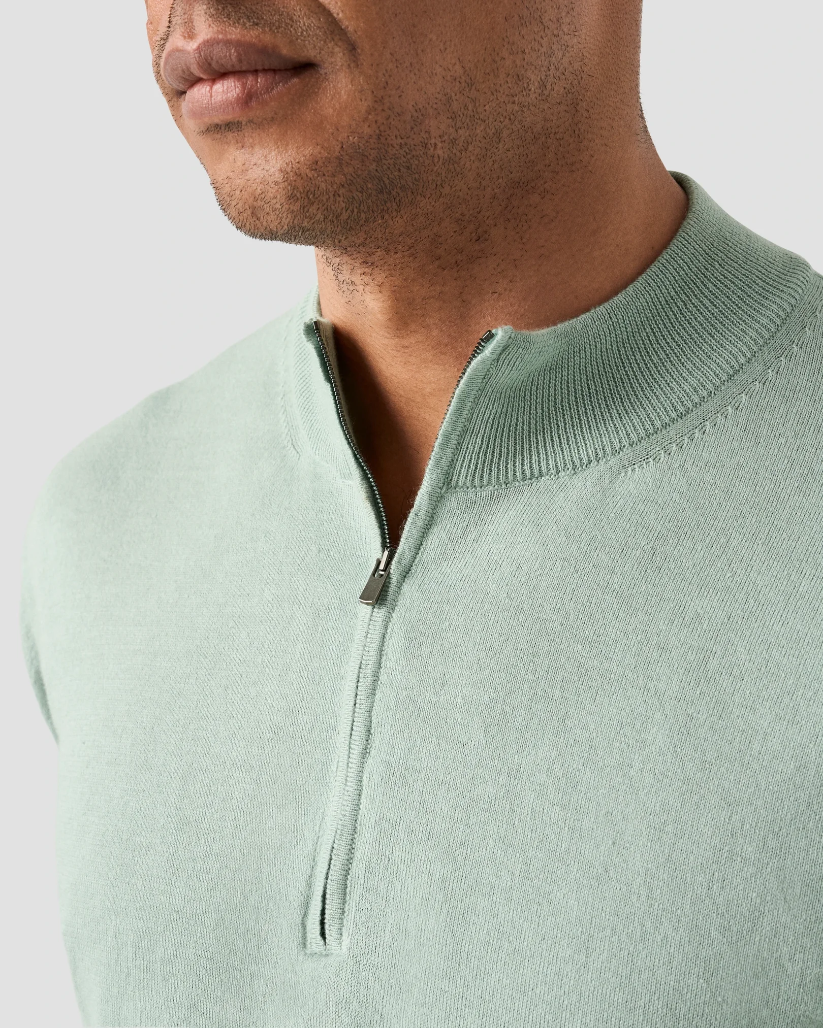 Eton - light green cotton and cashmere quarter zip fine knit