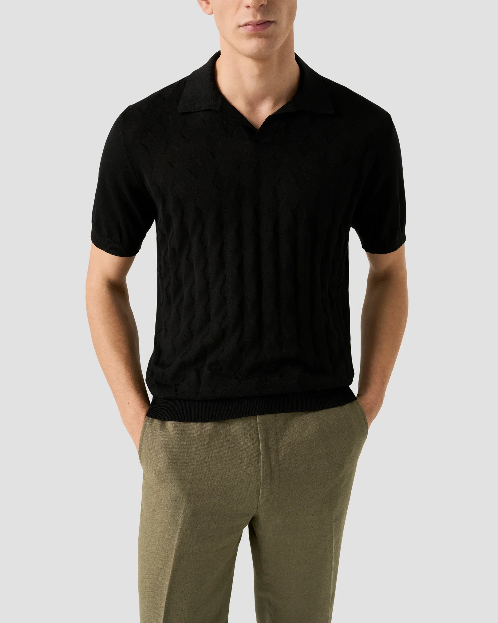 Eton - black cotton and silk open collar fine knit