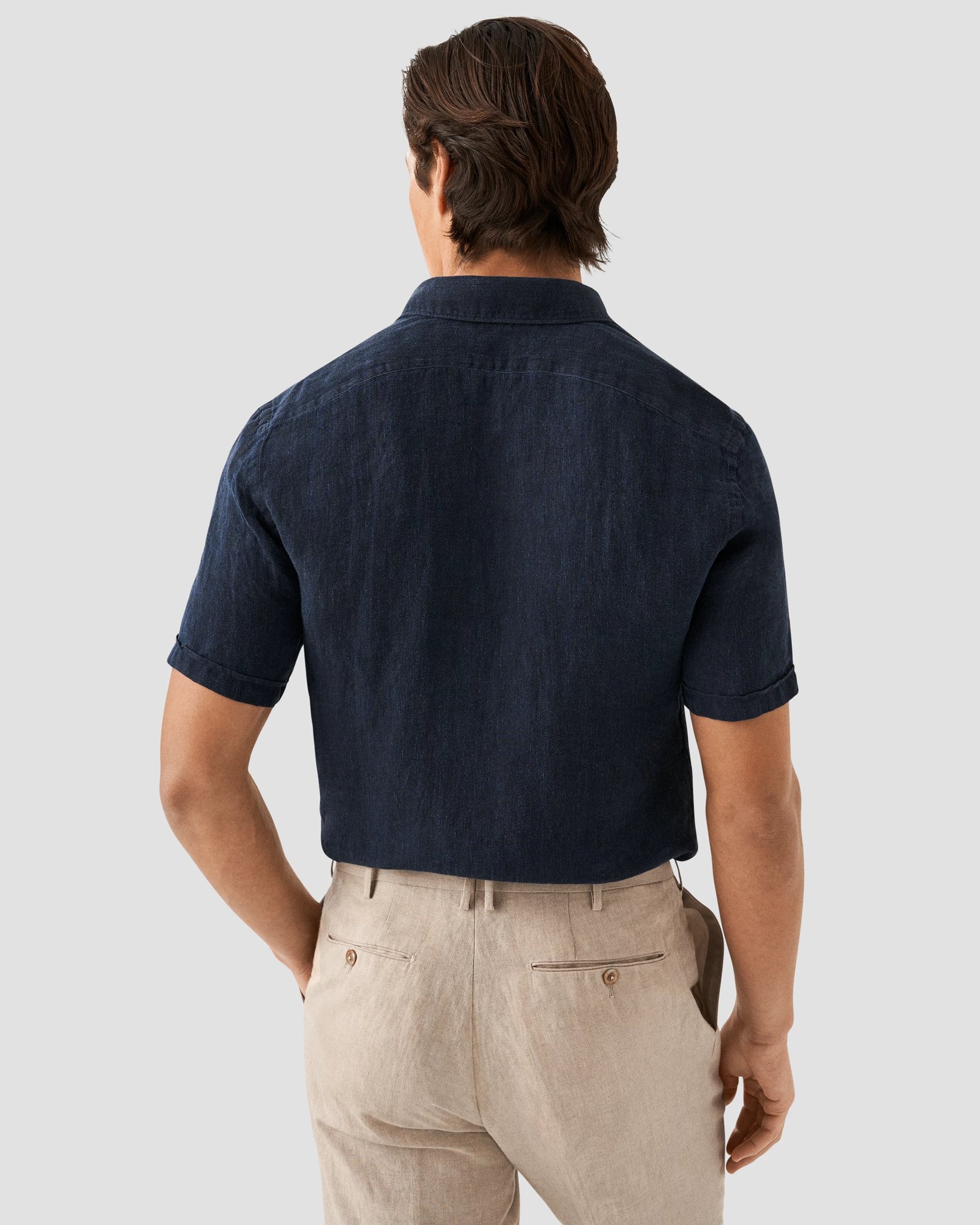 Eton - navy blue linen wide spread short sleeve