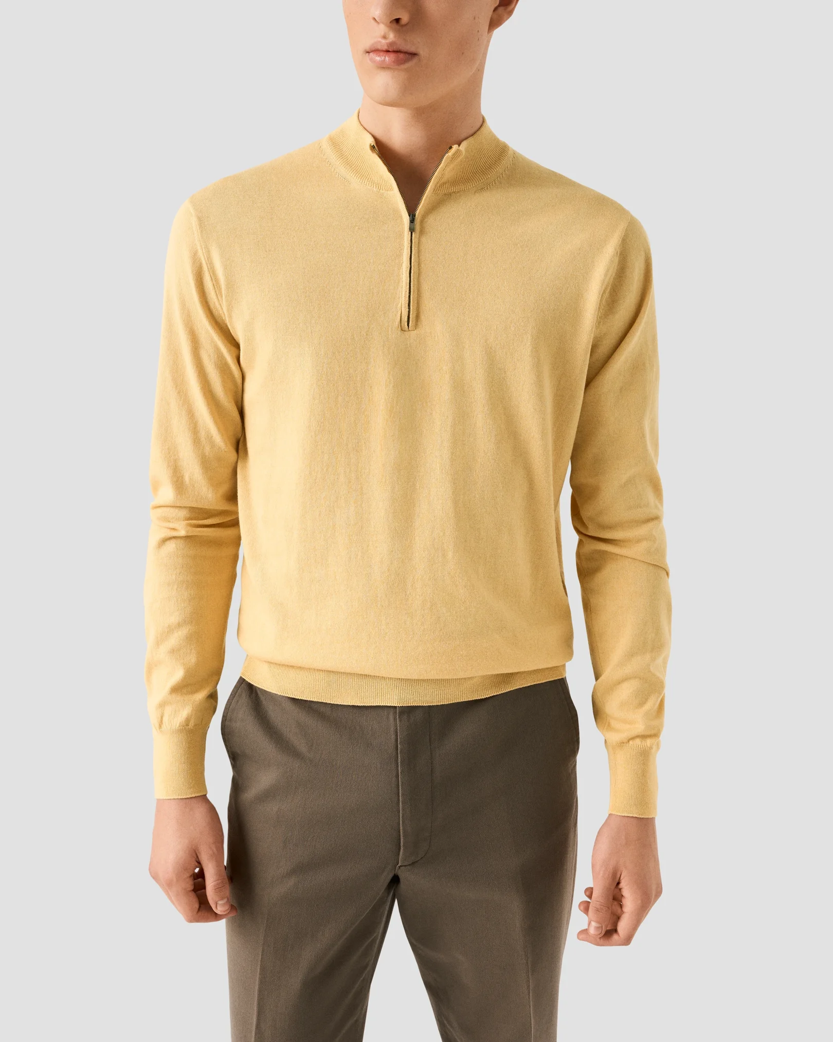 Eton - yellow cotton and cashmere quarter zip fine knit