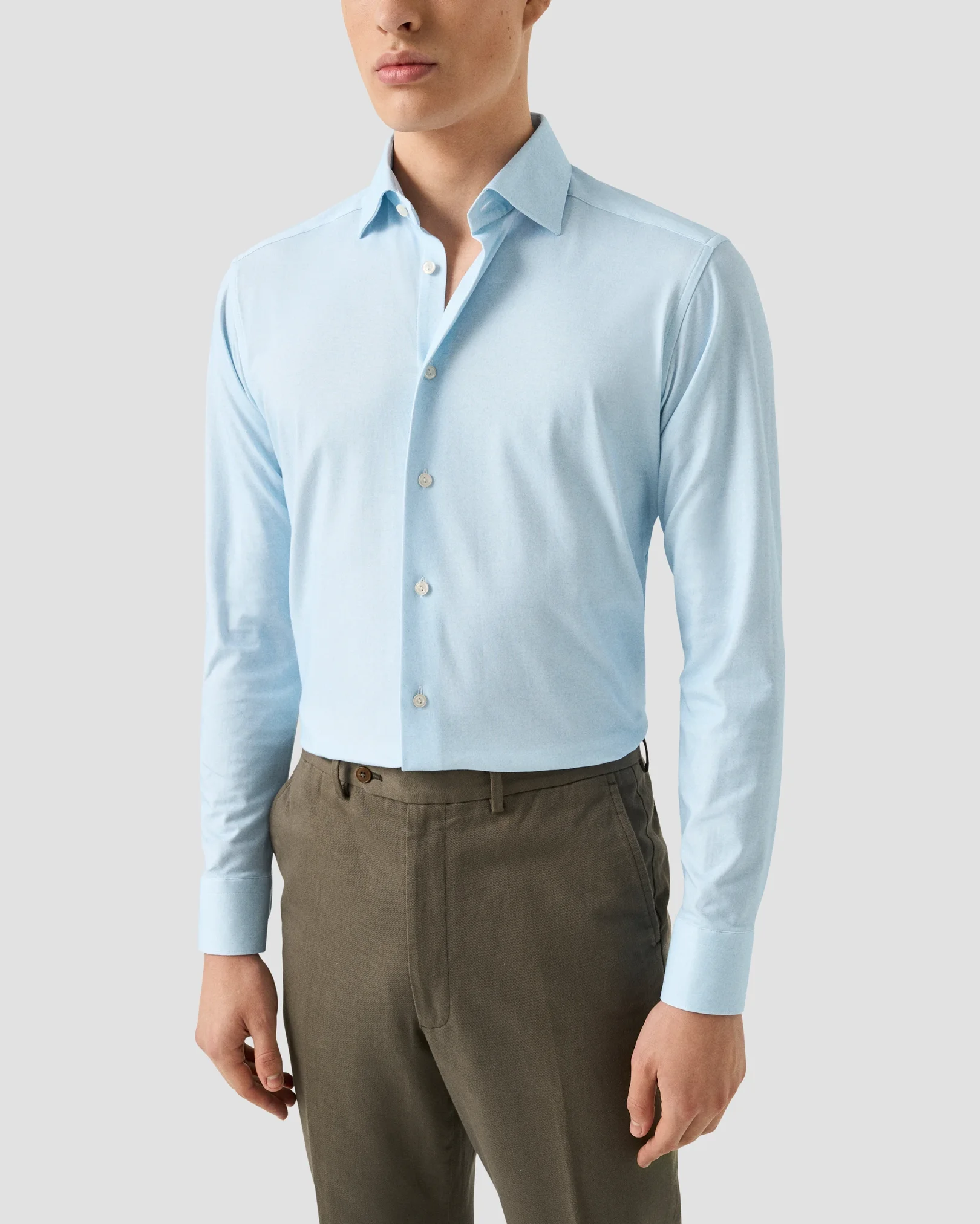 Eton - light blue solid cotton four way stretch shirt