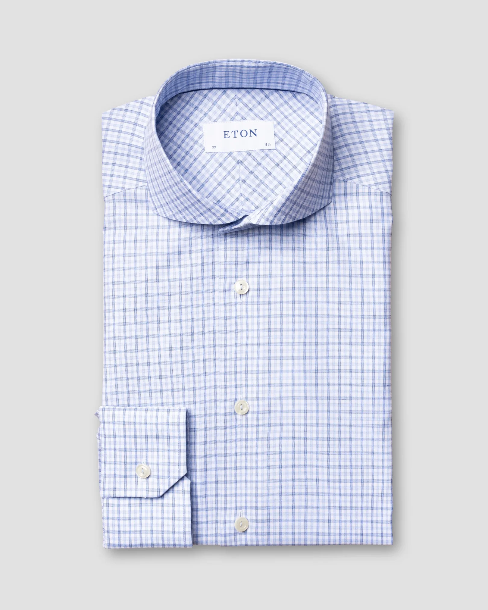 Eton - light blue checked cotton tencel shirt extreme cut away