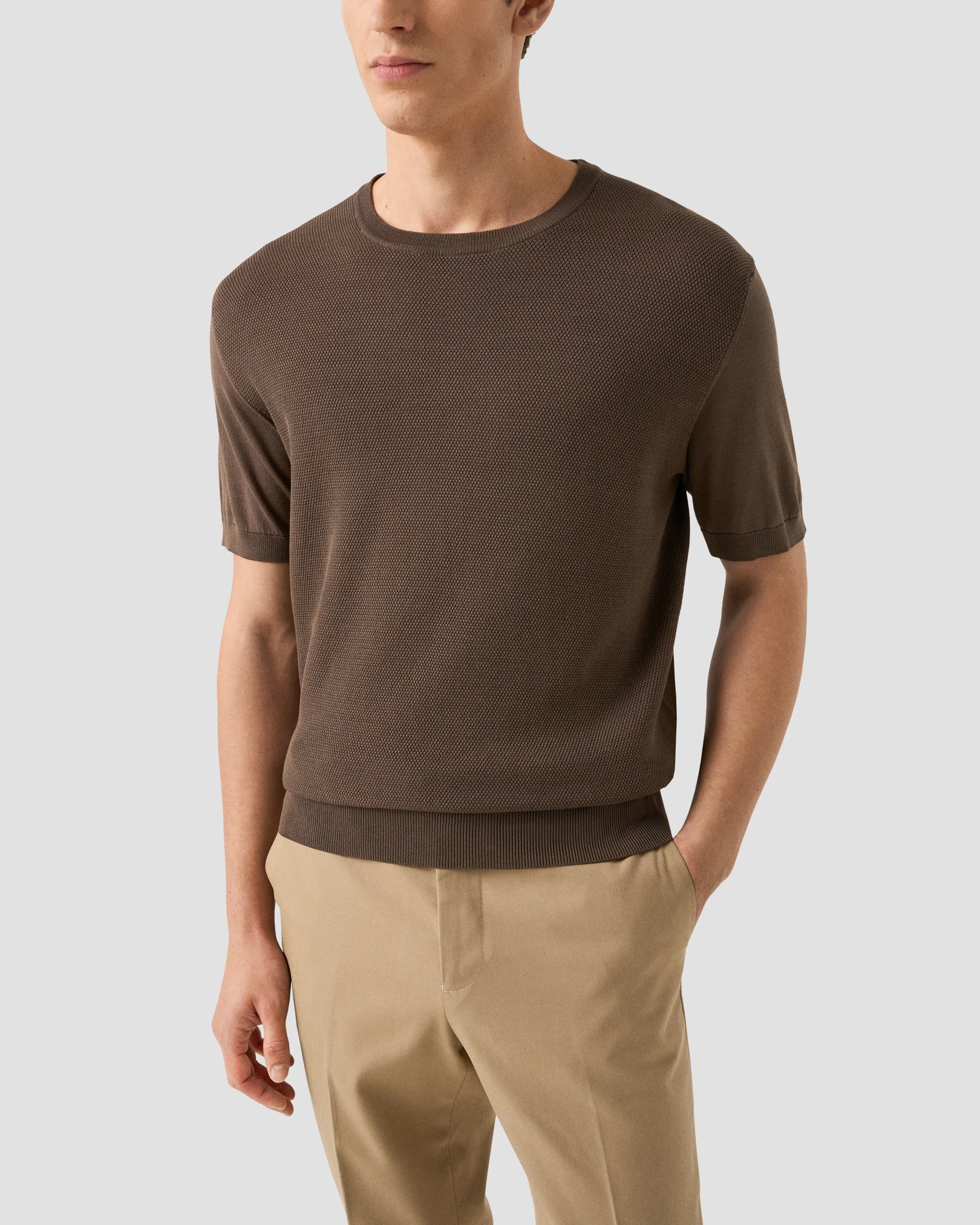 Eton - brown structured crew neck knitted t shirt