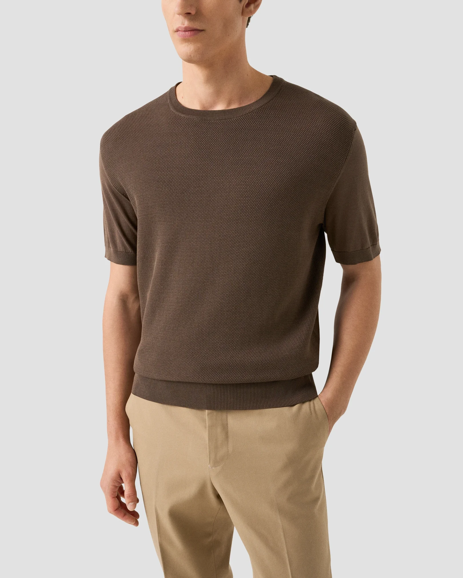 Eton - brown structured crew neck knitted t shirt