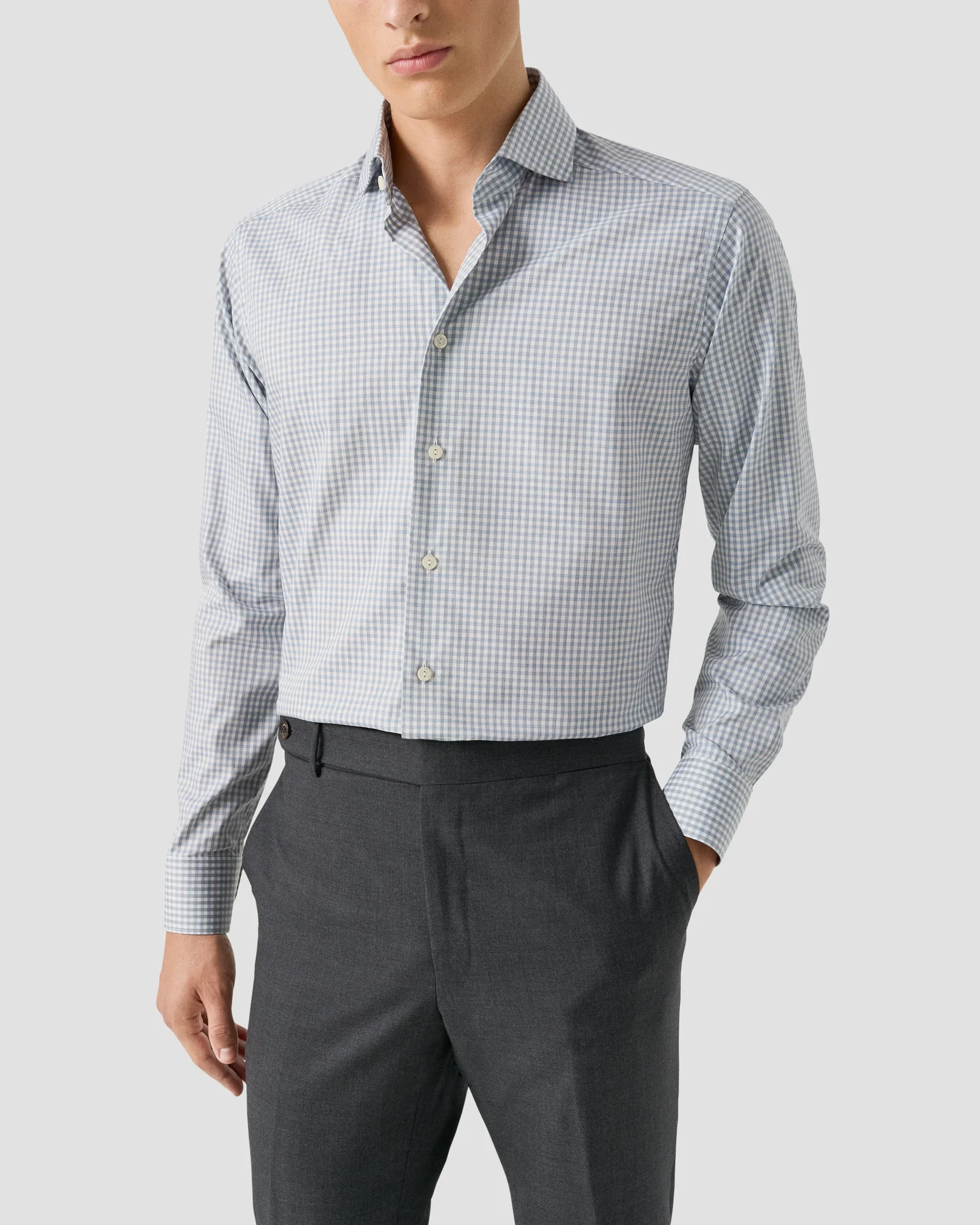 Eton - mid blue check melange twill shirt