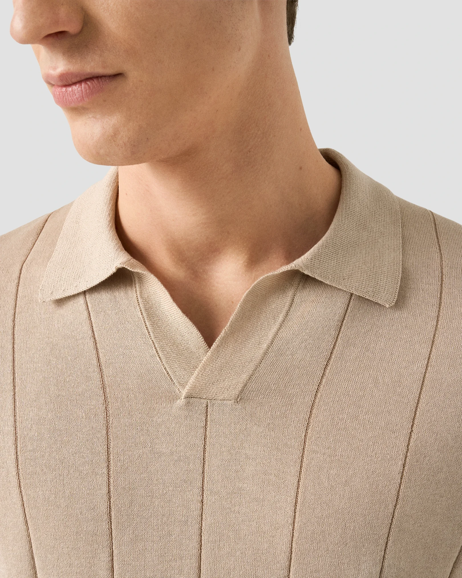 Eton - beige cotton and silk open collar fine knit polo shirt