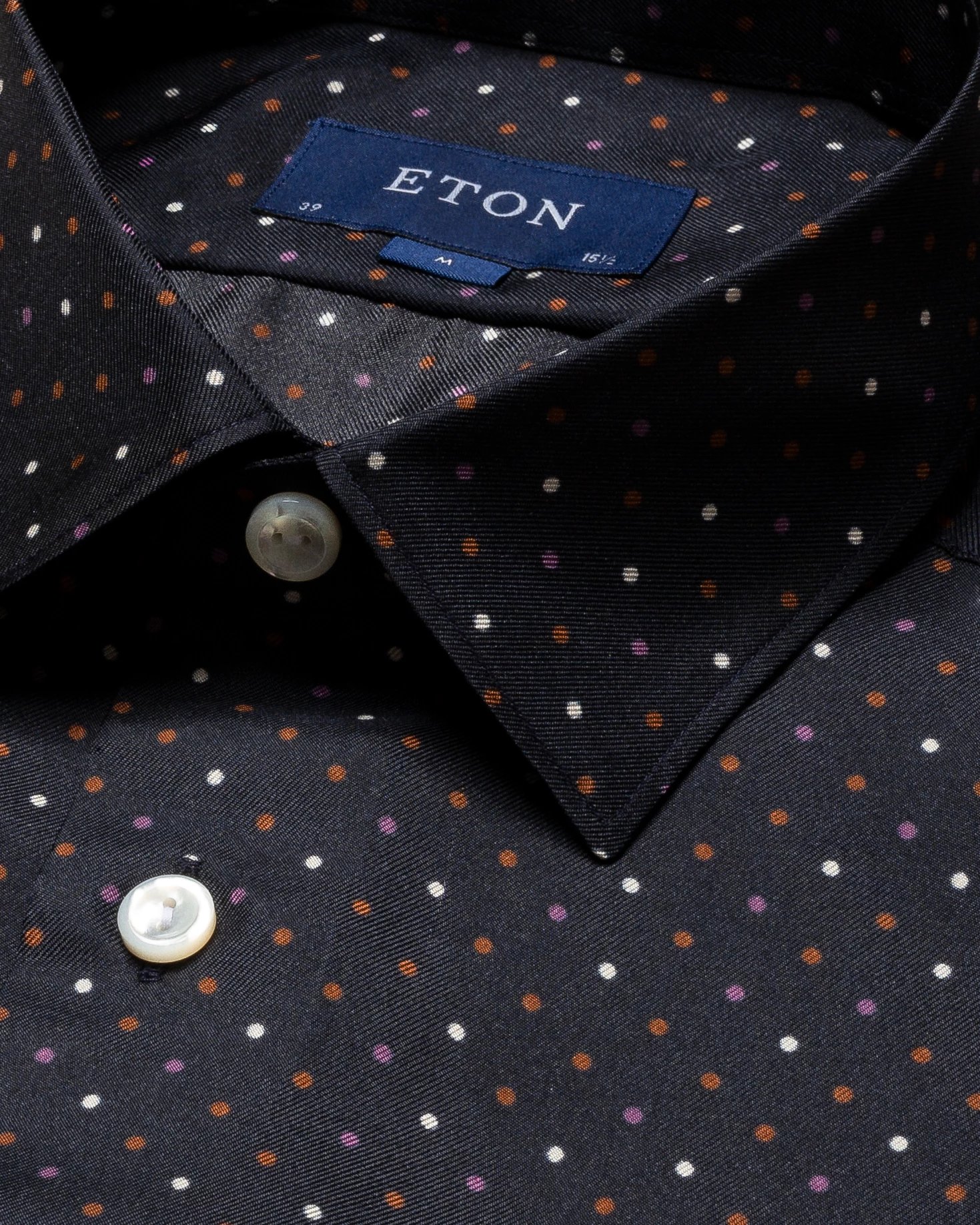 Eton - black silk twill shirt polka dots pointed single rounded slim soft
