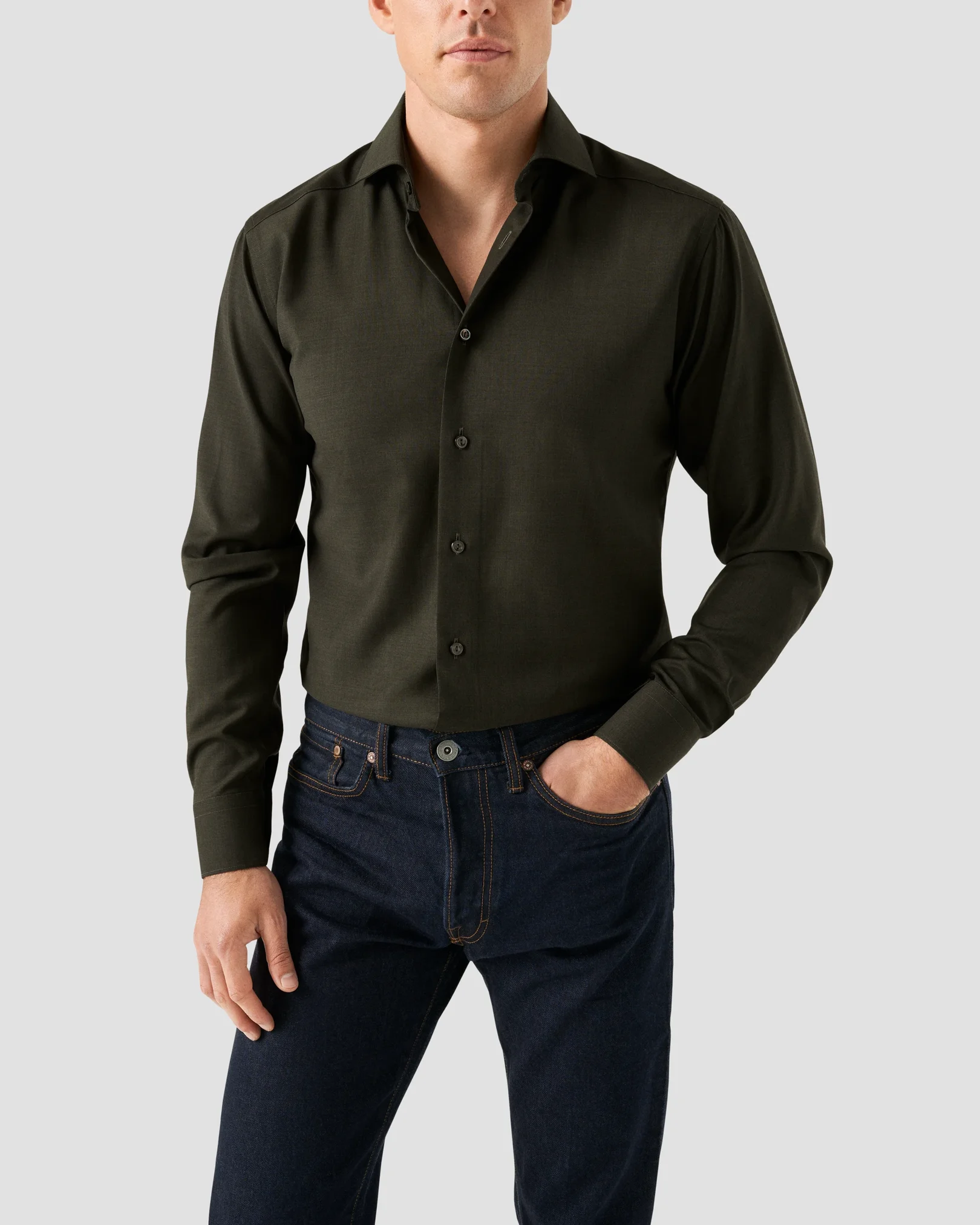 Eton - dark green wide spread merino shirt