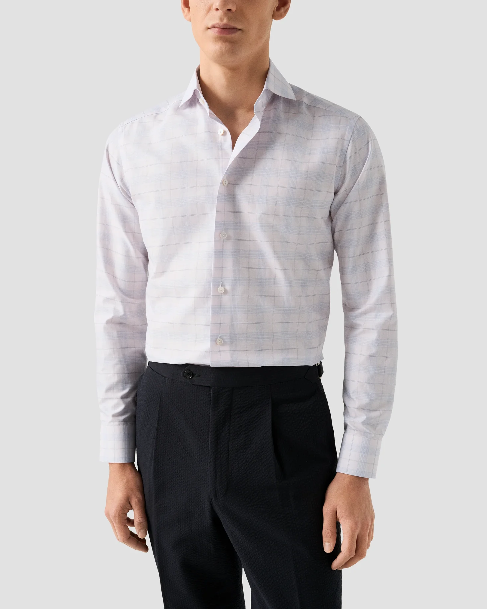 Eton - check cotton linen shirt wide spread rounded single
