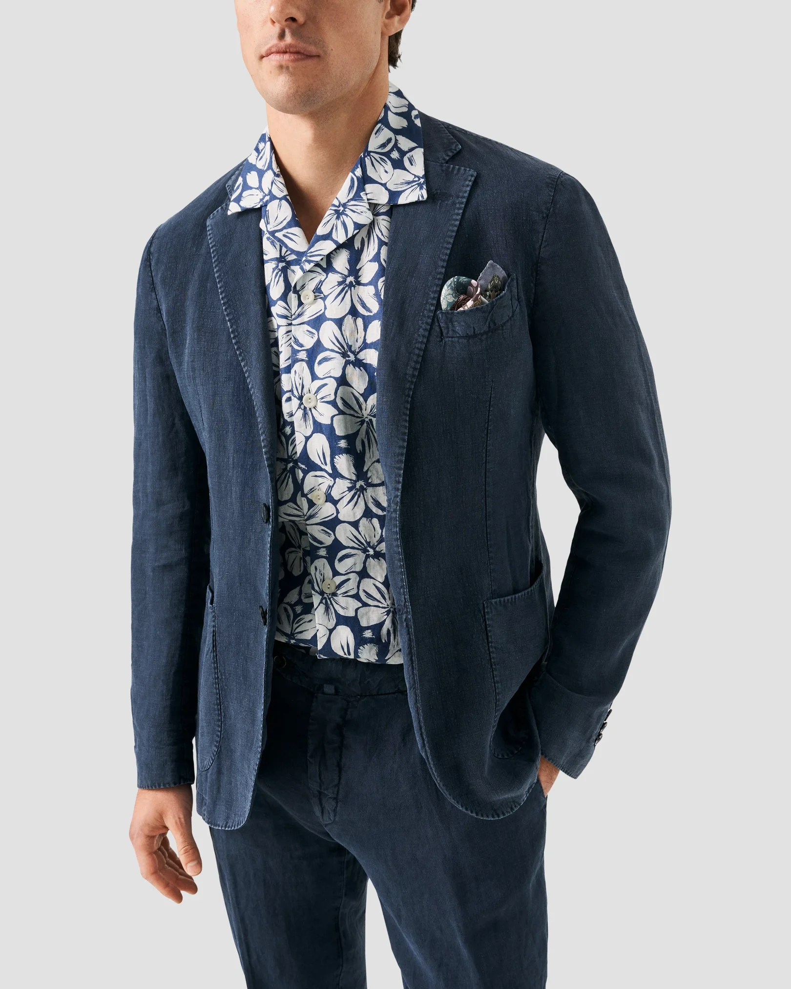 Eton - Blue Floral Print Linen Resort Shirt