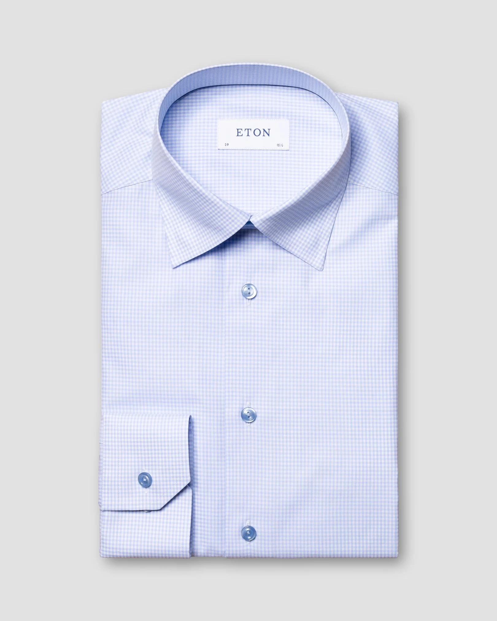 Eton - light blue checked fine twill shirt button under single