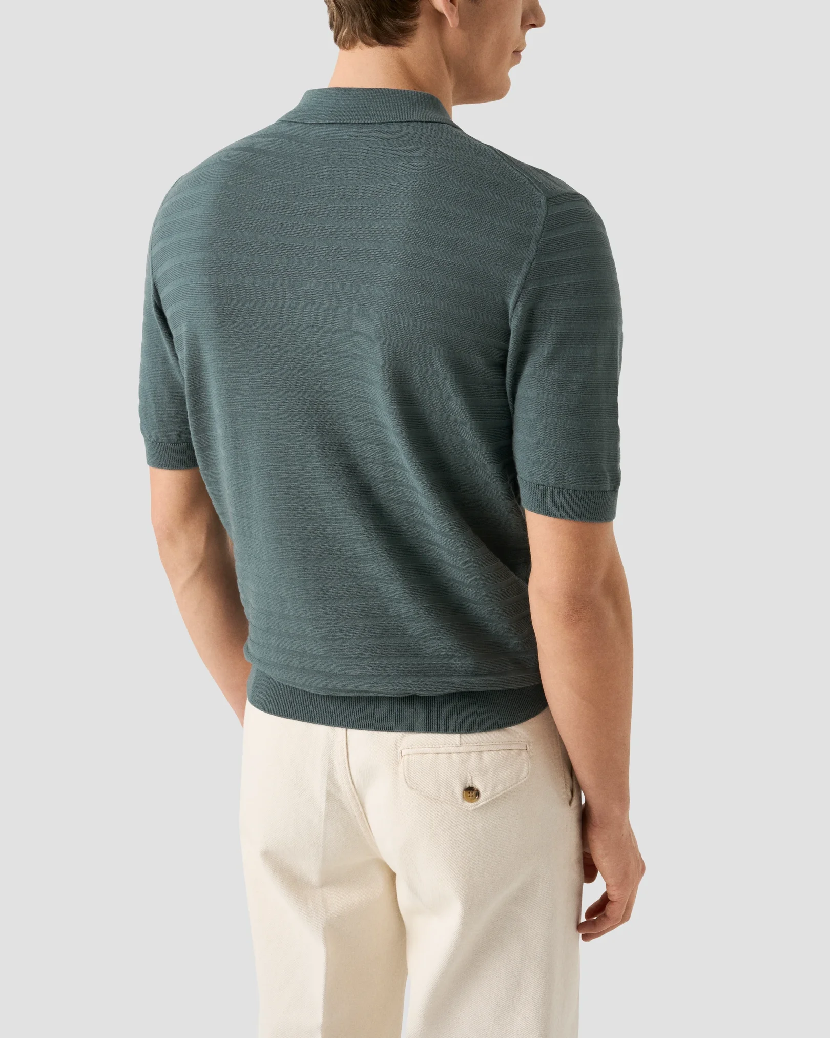 Eton - mid green horisontal striped fine knit polo shirt
