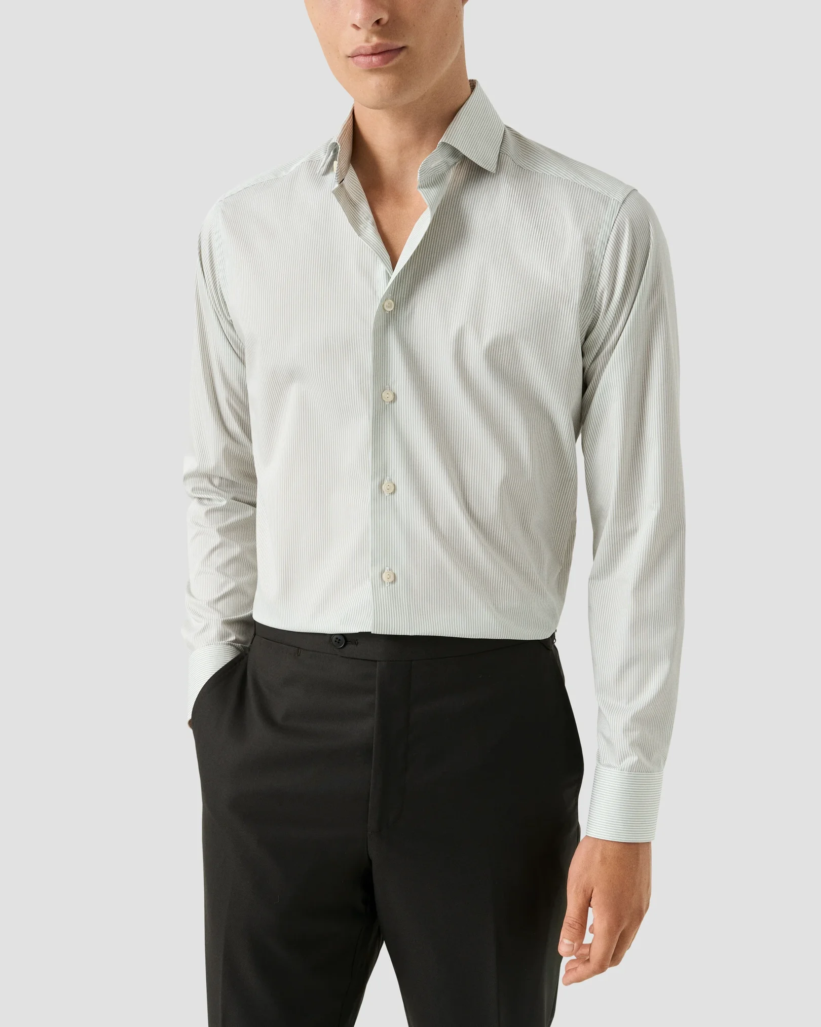 Eton - light green striped melange twill shirt