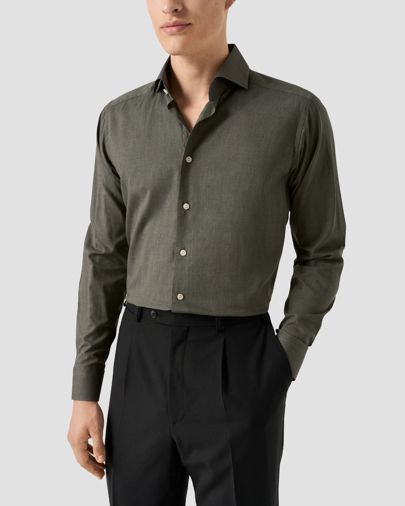 Eton - dark green solid signature flannel shirt