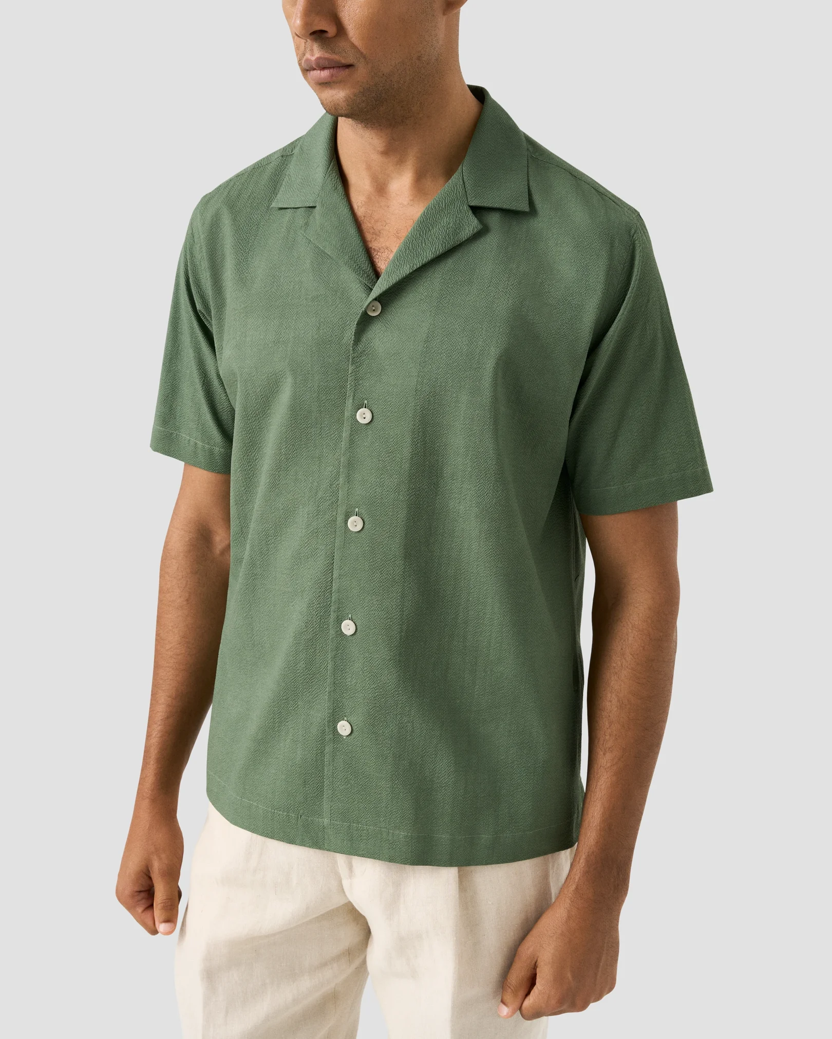 Eton - mid green seersucker resort shirt