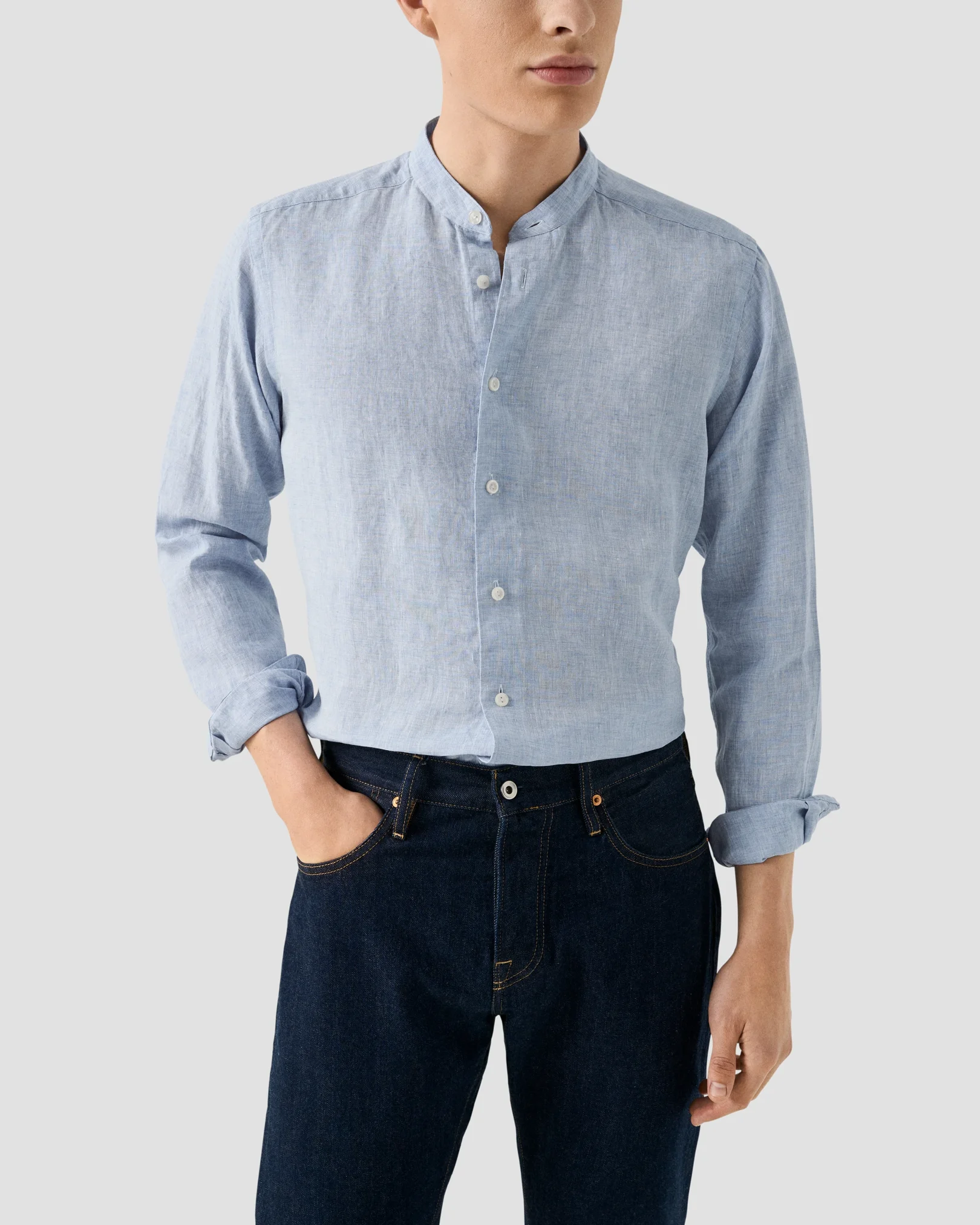 Eton - light blue solid plain weave linen shirt