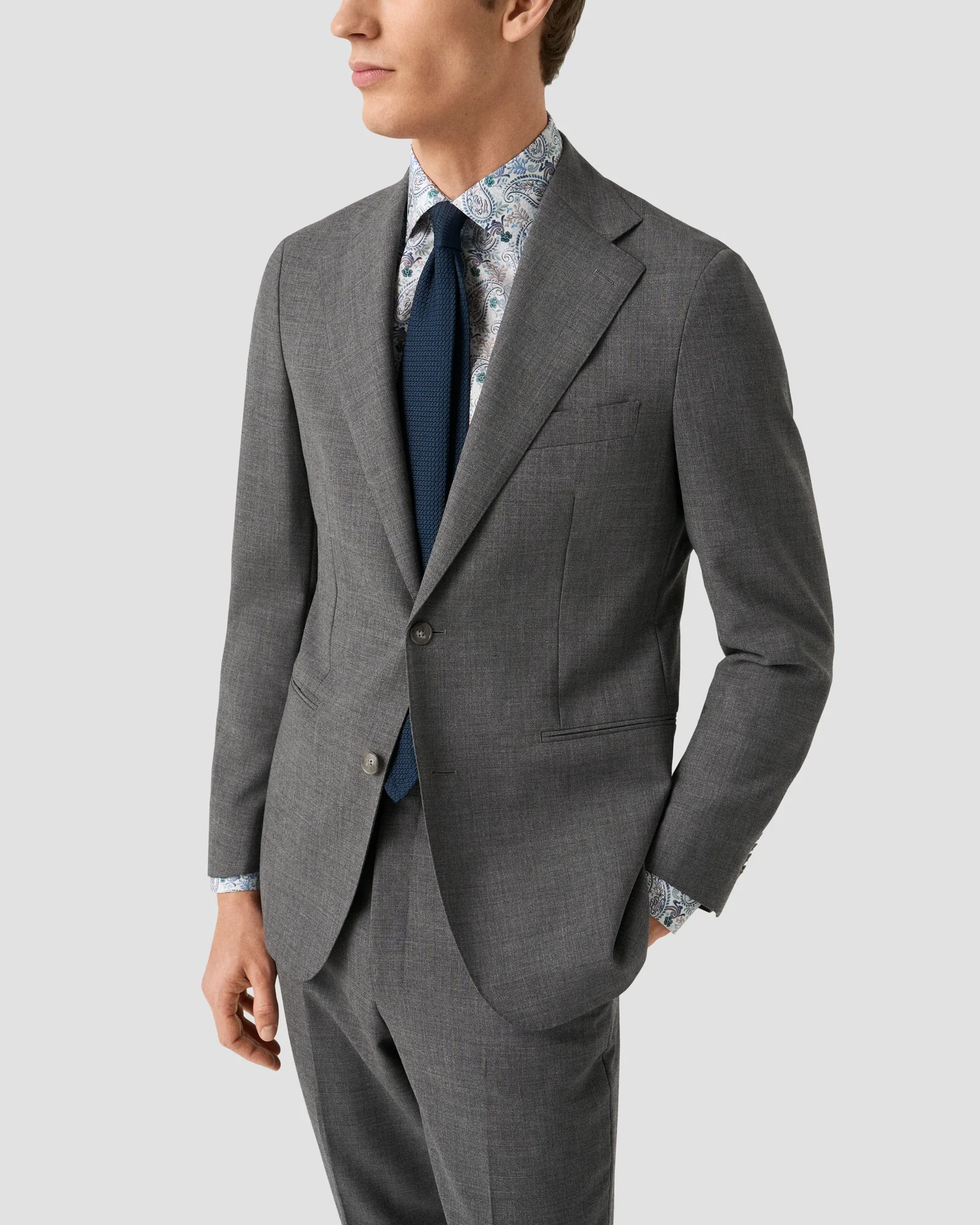 Eton - mid blue motif cotton and tencel tm lyocell shirt