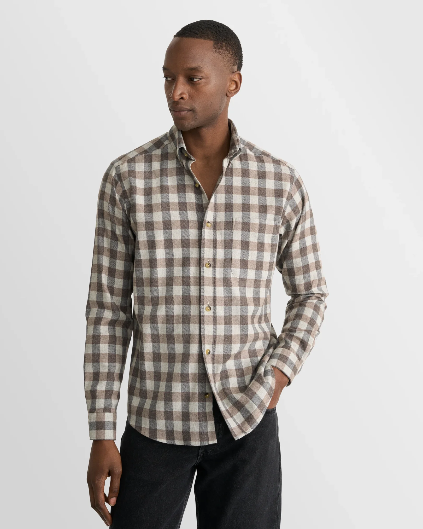 Eton - beige block check flannel shirt