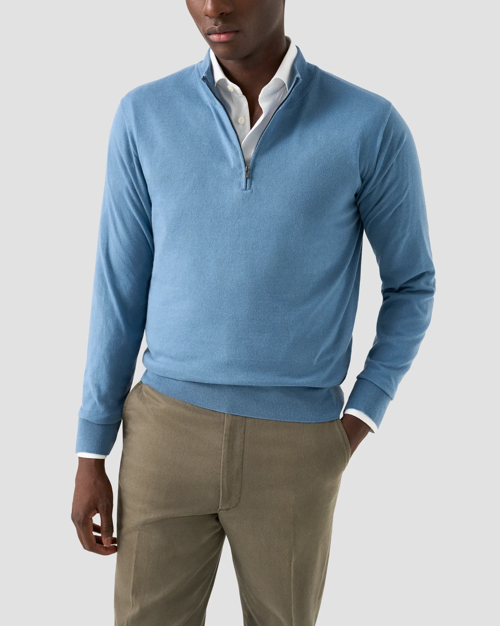 Eton - dark blue cotton and cashmere quarter zip fine knit