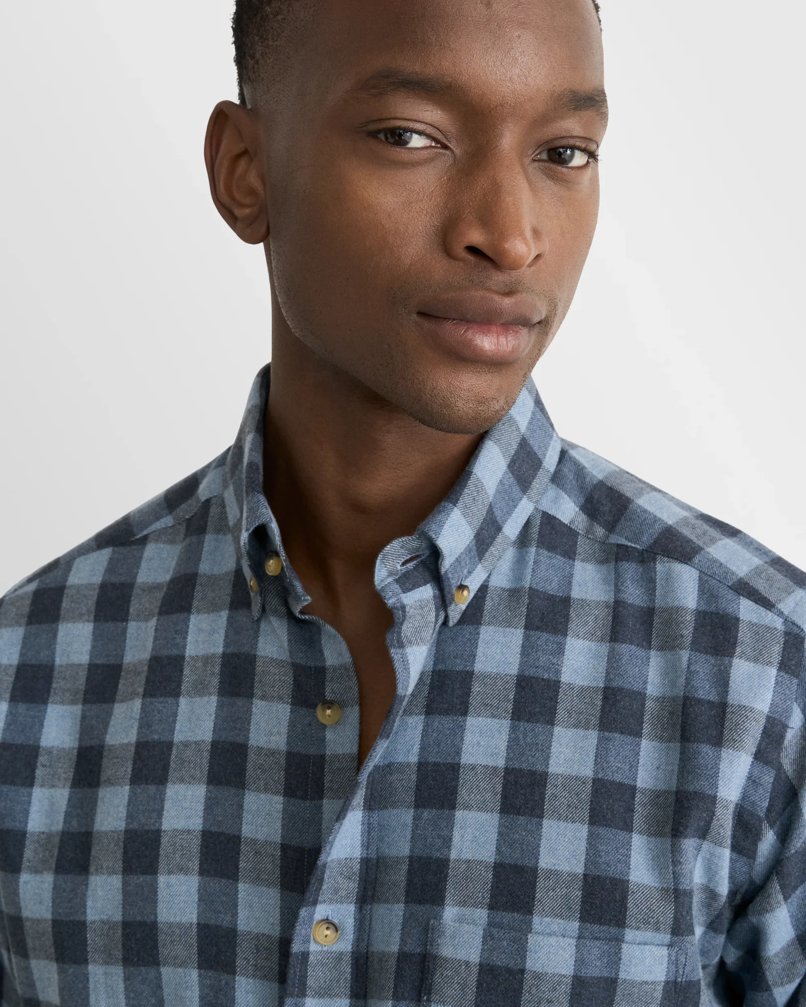 Eton - mid blue block check flannel shirt