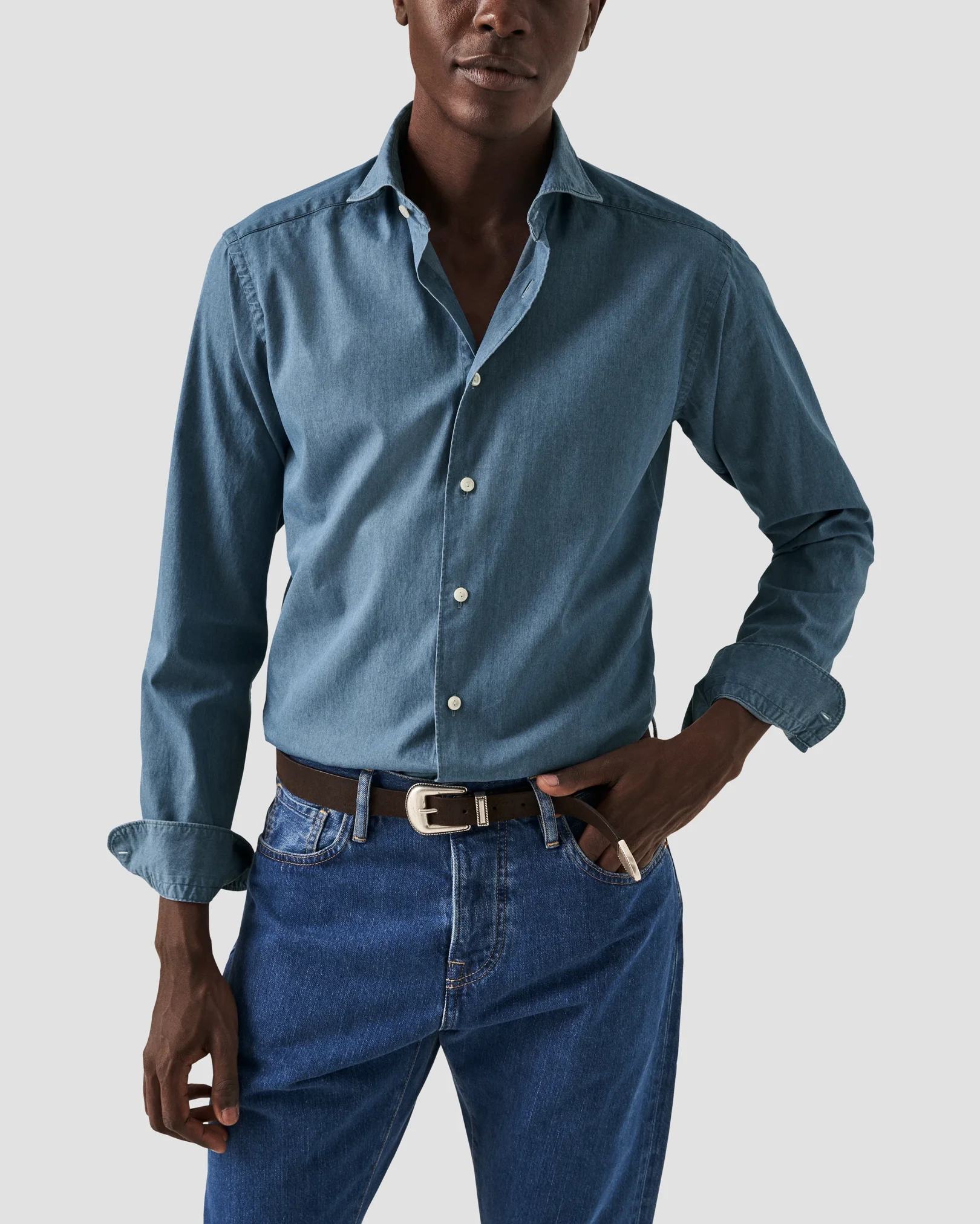 Eton - Chemise bleu moyen en denim léger