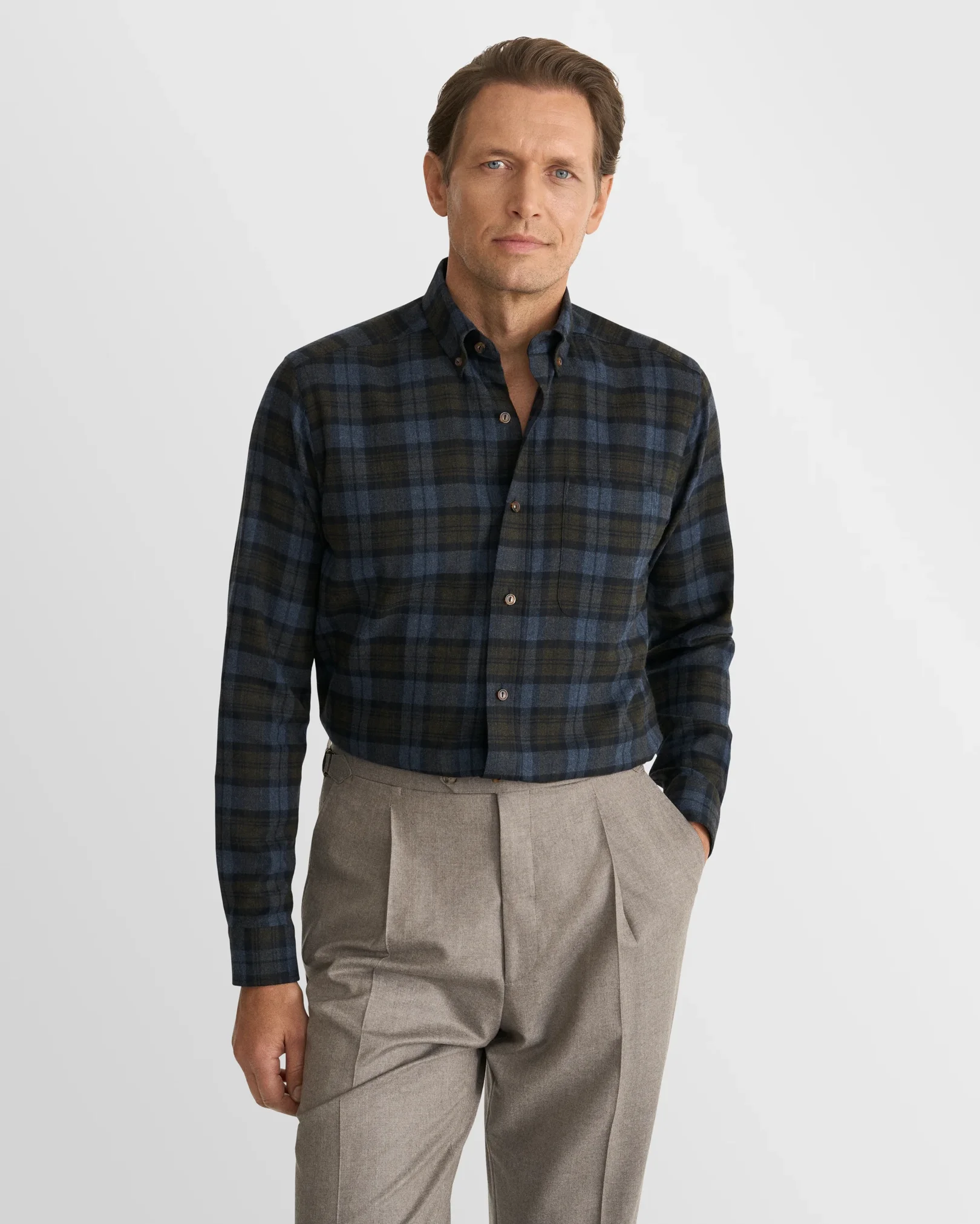 Eton - navy blue plaid check flannel shirt