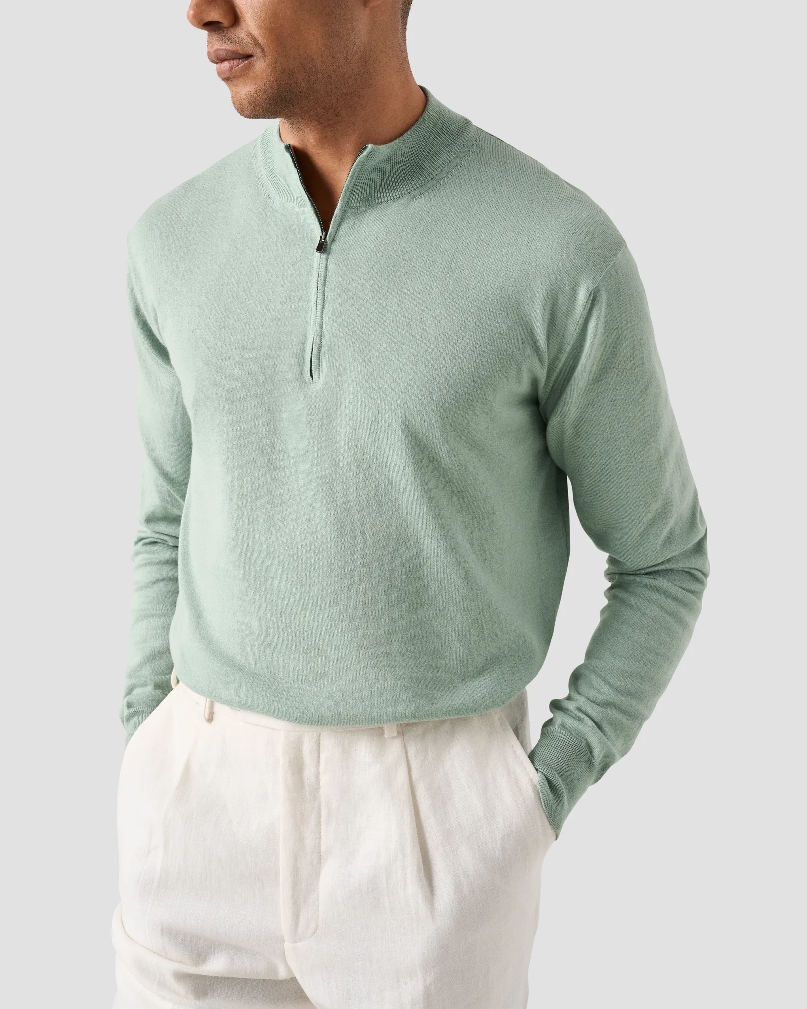 Eton - light green cotton and cashmere quarter zip fine knit